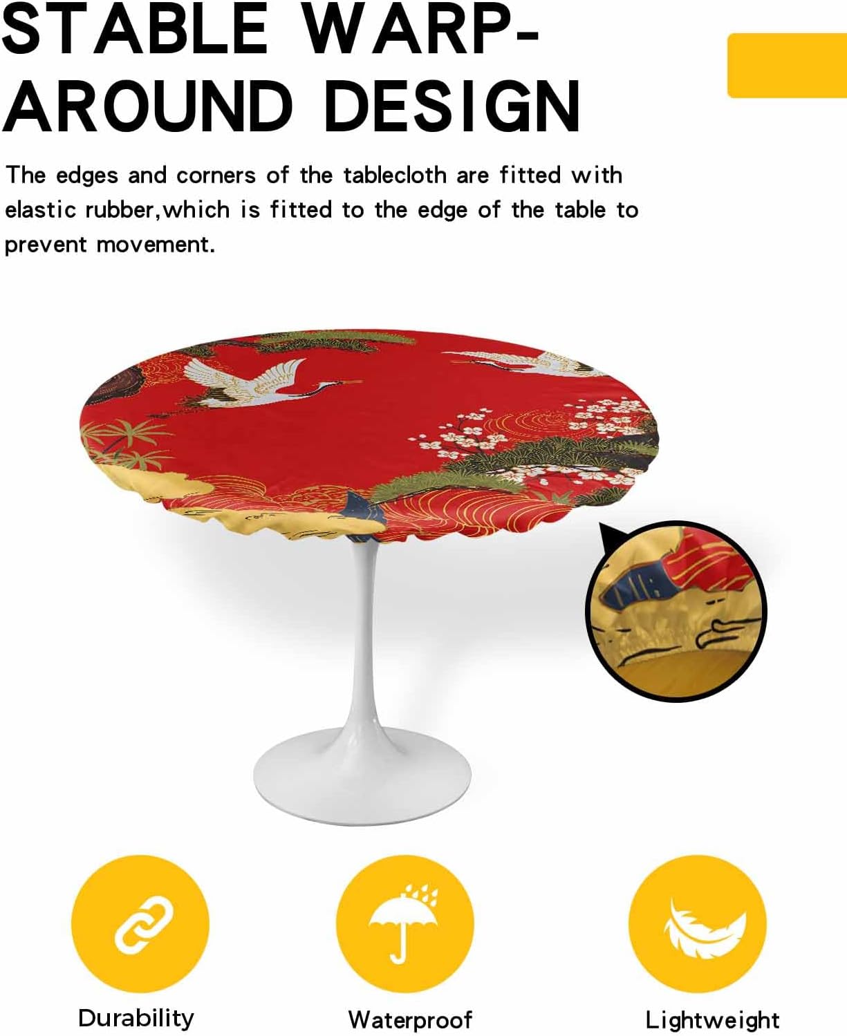 Red Traditional Fitted Tablecloth with Elastic Edged, Round Table Cloth for Dining Tables 55"-60" Vintage Crane Pine Flowers Natural Waterproof Oil Proof Table Cover for Indoor Outdoor