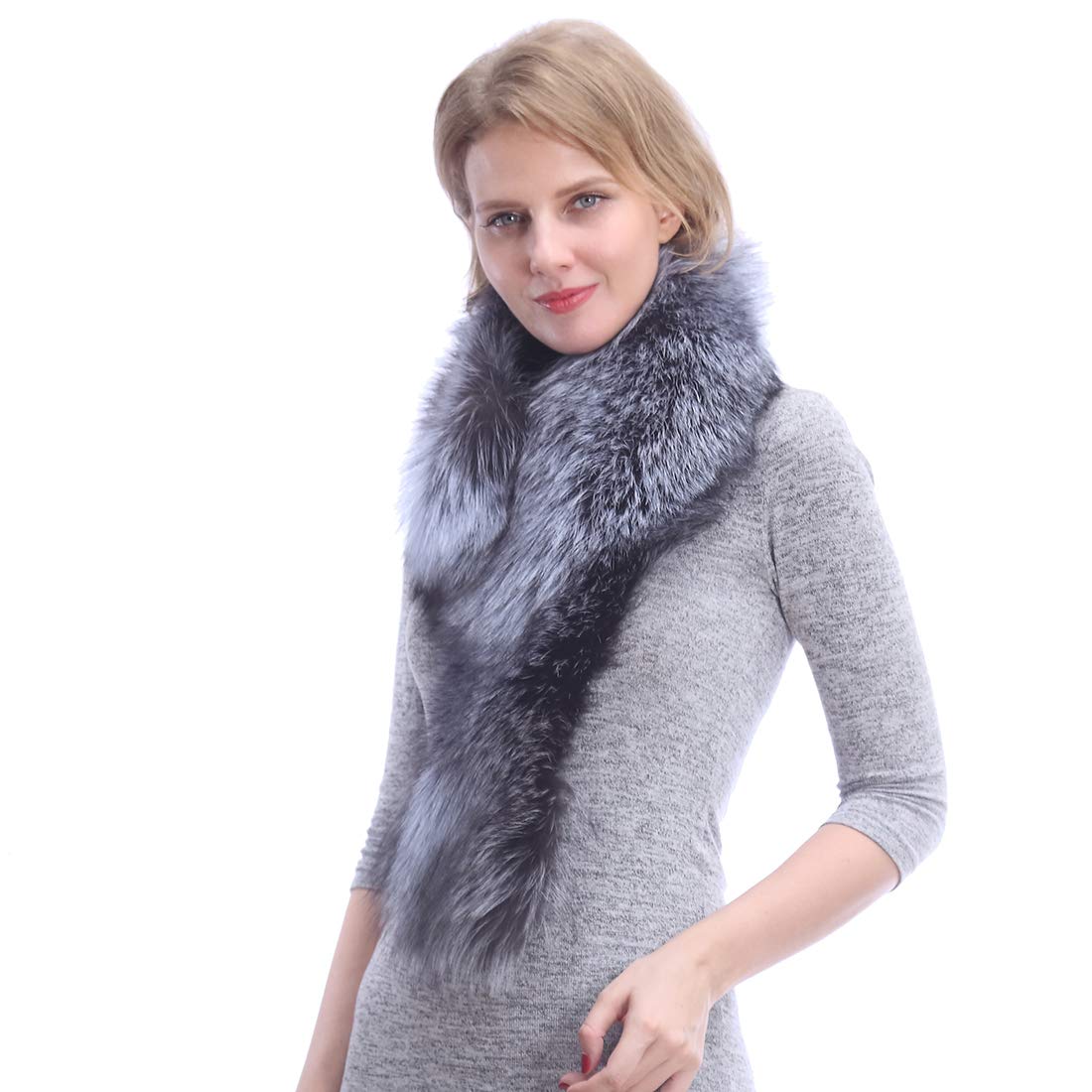Women's Real Silver Fox Fur Scarf, Winter Knitted Collar Wrap with