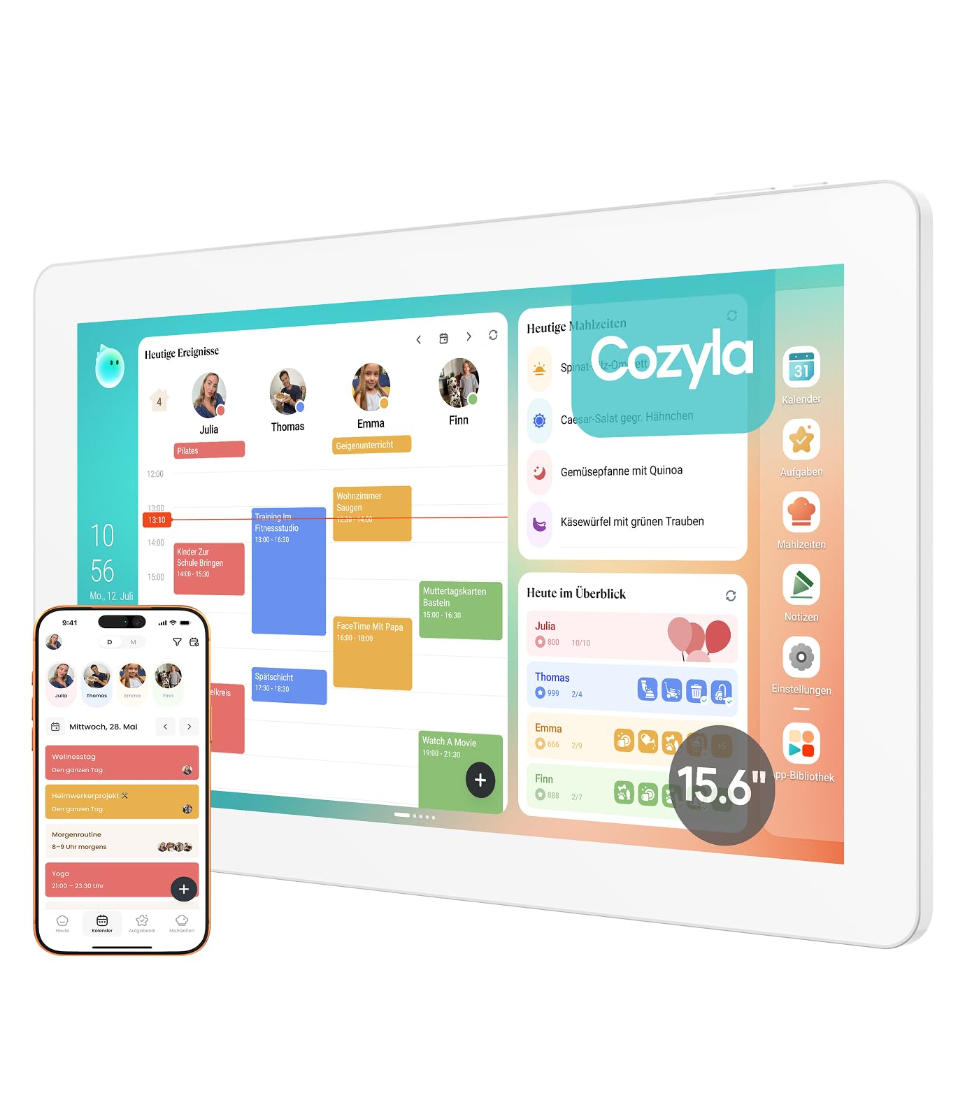 Cozyla Calendar Plus 2, 15,6 Zoll Digitaler Kalender – Kein Abo, Digitaler Familienplaner mit Touchscreen, Echtzeit Kalender-Sync, Aufgaben- & Belohnungssystem, Essensplaner, mit Tischständer
