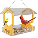 JCs Wildlife Geometric Poly Lumber and Acrylic Hanging Bird Feeder with Roof - Holds 3 Cups of Seed - Great for Your Backyard Bird Feeding Garden (Yellow)
