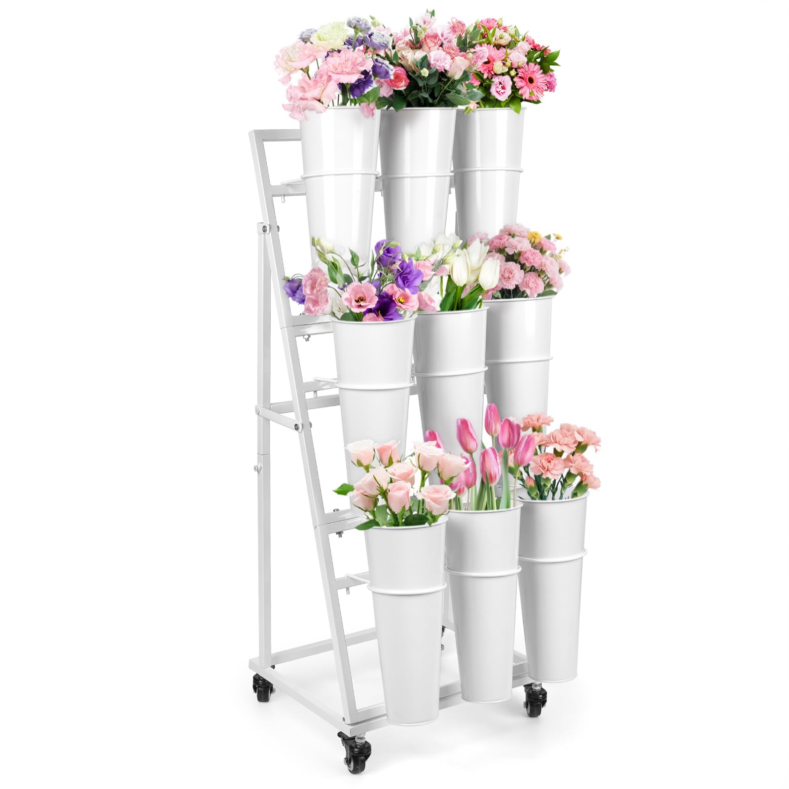 Photo 1 of LEALIBAUSS 3FT Flower Display Stand with 9 Buckets,Metal Flower Bar Stand with Wheels,3 Layers Moving Florist Bouquet Shelf for Indoor Outdoor Garden,Flower Shop,Wedding,Party Decor (WHITE)
