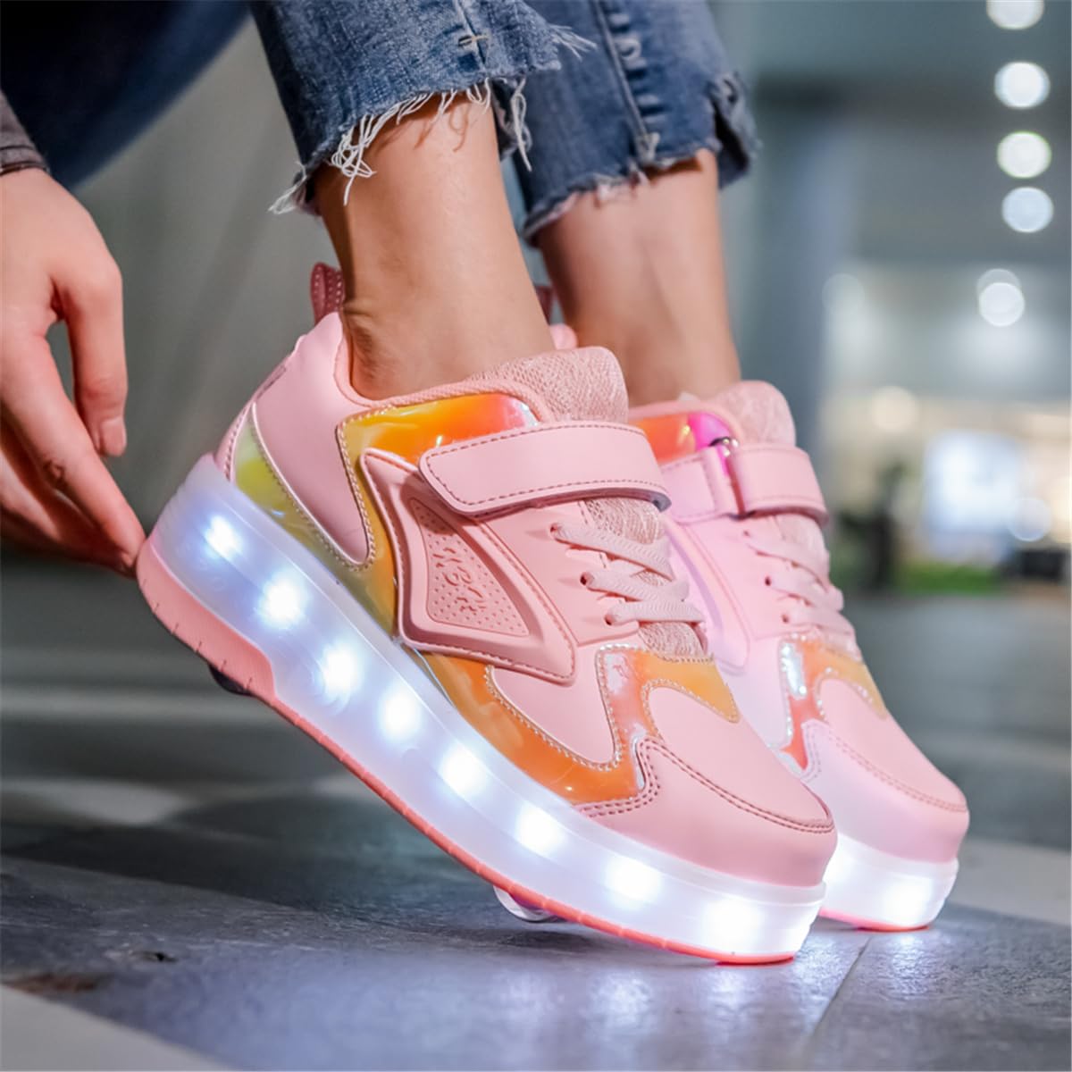 Wrotki LED/buty, wrotki LED, dla unisex dzieci chłopców dziewczyn, 7 kolorów, chowane podwójne kółka, lekkie, niskie, na zewnątrz, sportowe, buty z oświetleniem LED, gimnastyczne, do biegania, trampki
