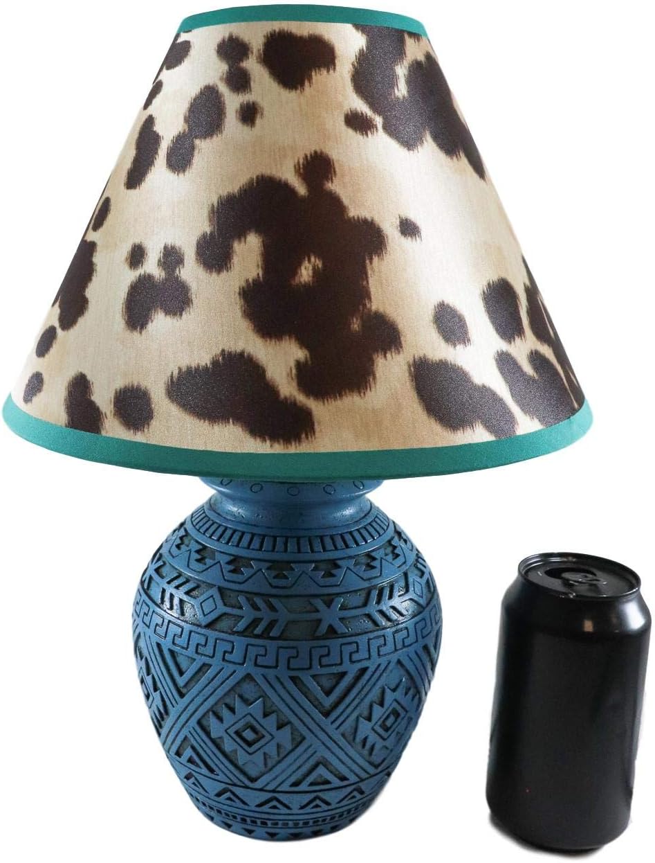 Ebros Blue Southwest Tribal Navajo Turquoise Vector Geometric Design Petite Vase Shaped Desktop Side Table Lamp With Faux Cow Print Shade 15"H Native Indian Country Western Home Accent Lighting Decor