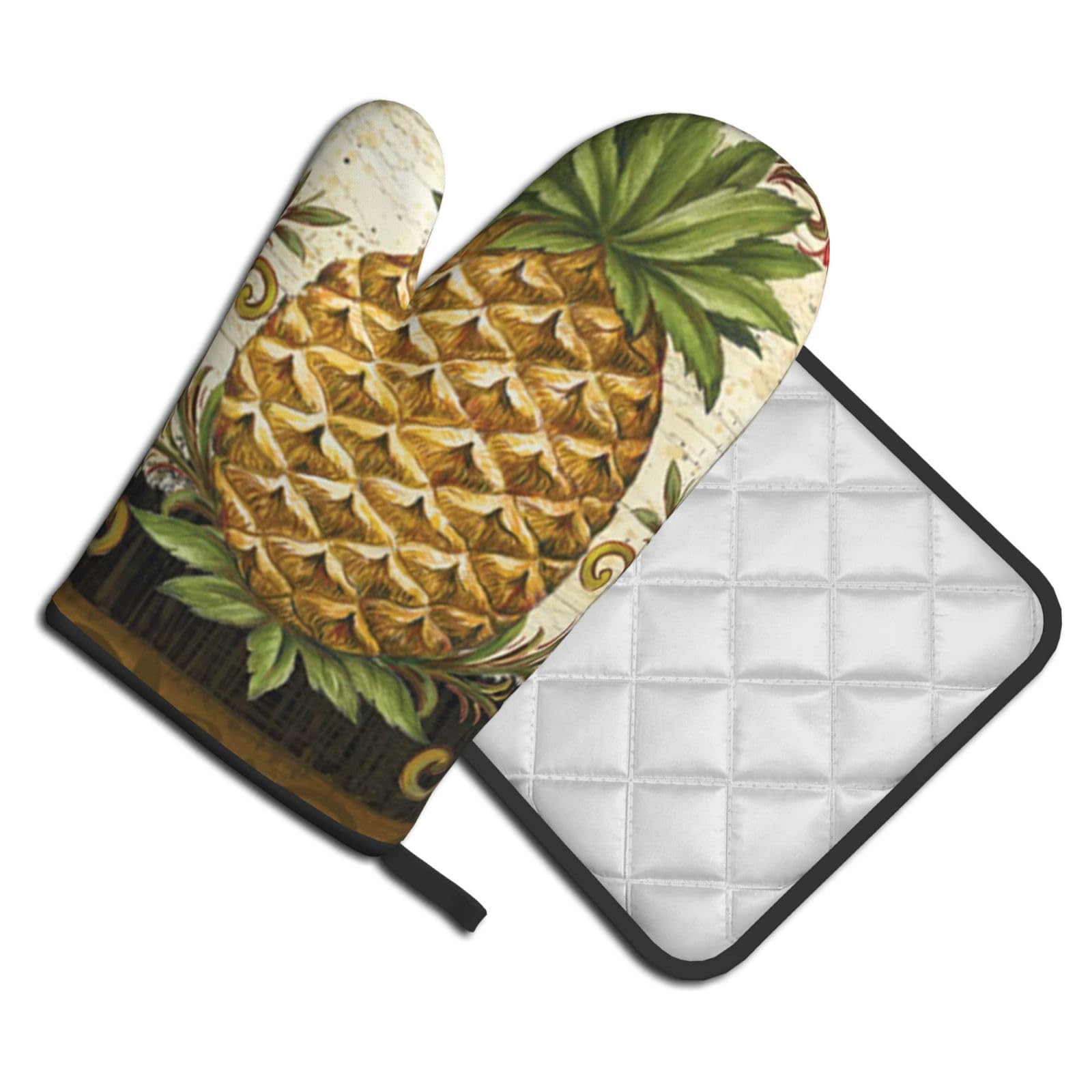 Oven Mitts and Pot Holders Set of 2 Pcs, Pineapple Printed Heat Resistant Kitchen Gloves Potholders for Cooking Baking Grilling