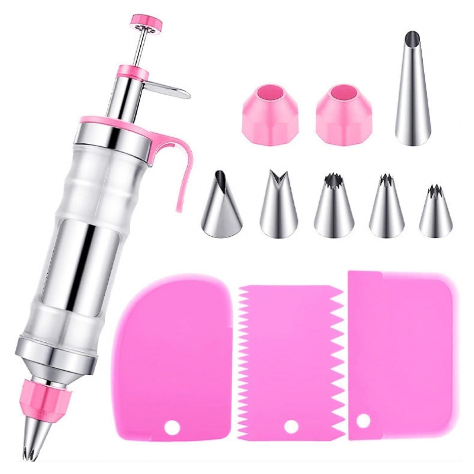 Juego de jeringas Decorativas, glaseado de Acero Inoxidable | Kit de tubería, contiene 1 pistola for tubería de acero inoxidable, 6 puntas for tubería, 2 convertidores boquillas