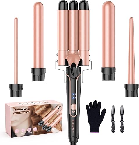 Beach Waver - Juego de rizador 5 en 1 con 3 ondas de pelo de barril crimpador de pelo intercambiable para mujeres control de temperatura