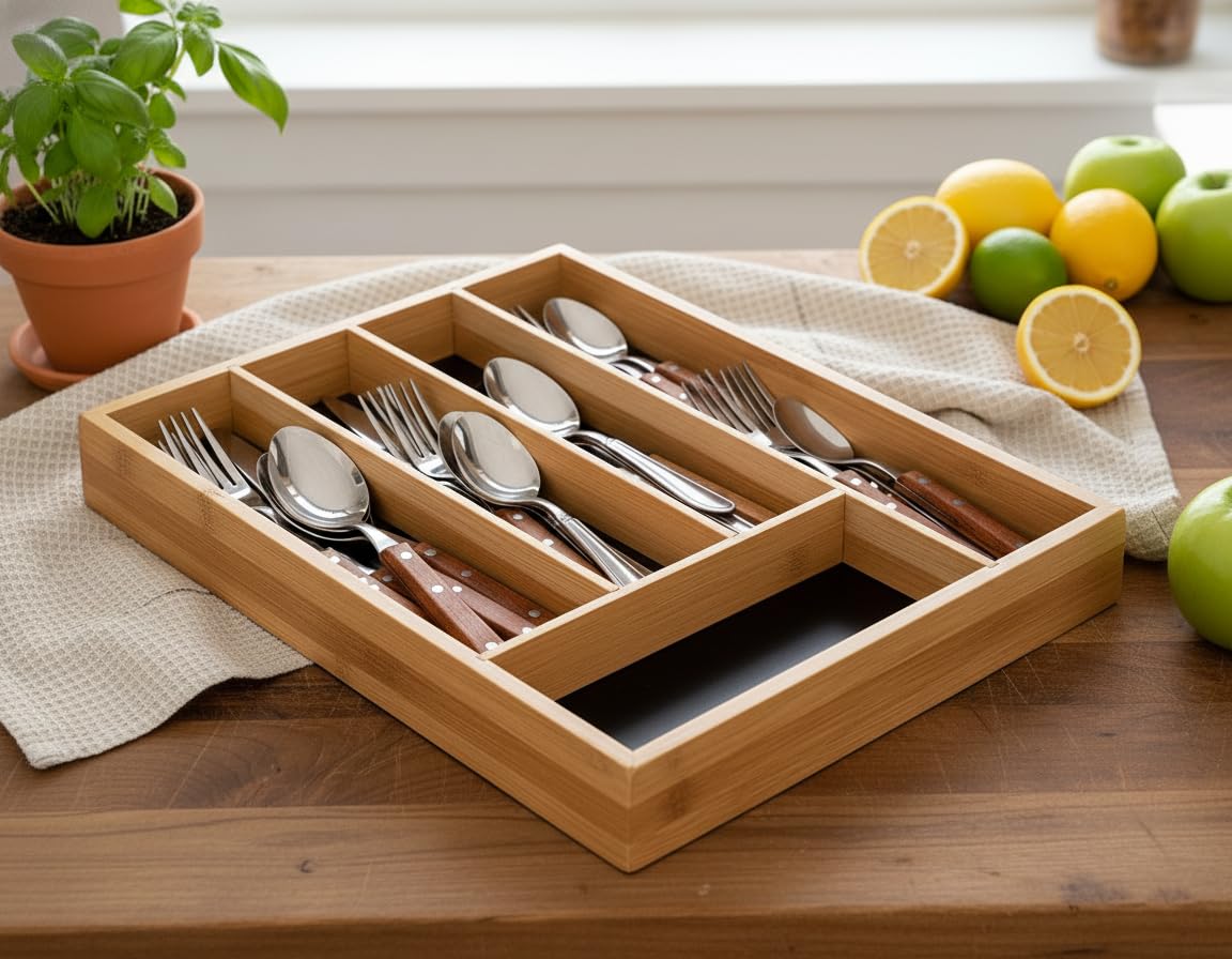 Range Posate in bambù – Organizer per cassetti da cucina a 5 scomparti – resistente e sostenibile ecologico (34 x 25 x 4 cm)