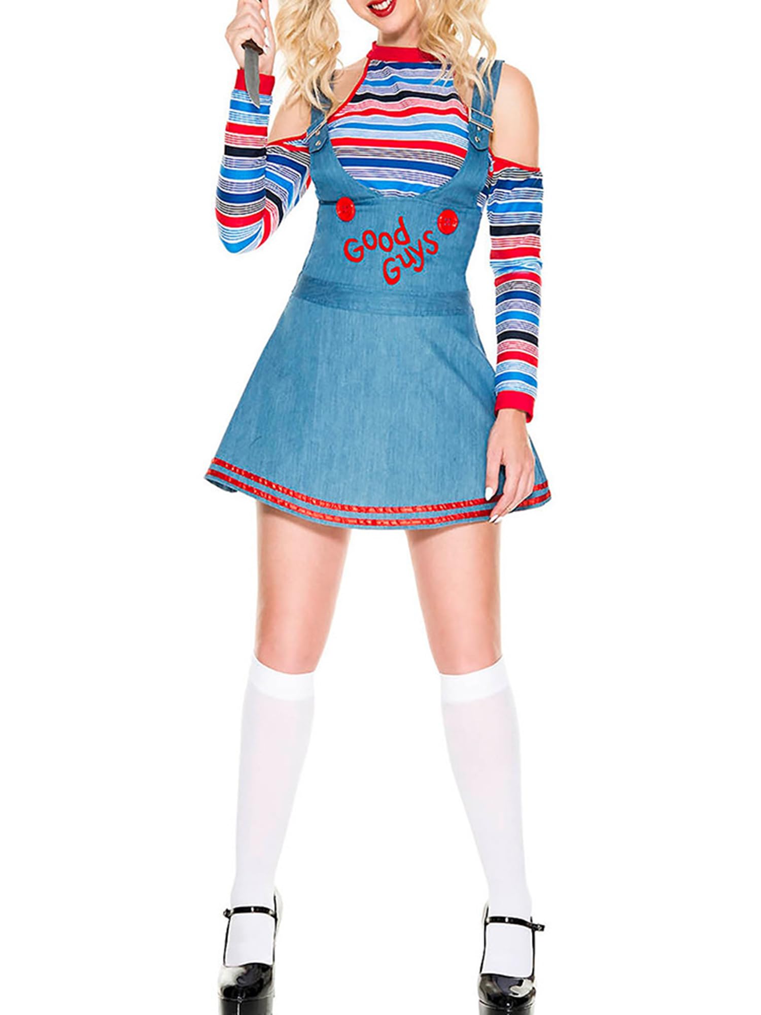 Acrawnni Women Halloween Costumes Nightmare Killer Doll Wanna Play Movie Character Bodysuit Anime Clown Cosplay 2 Pcs Costume Set Halloween Outfit (H-Blue, L)
