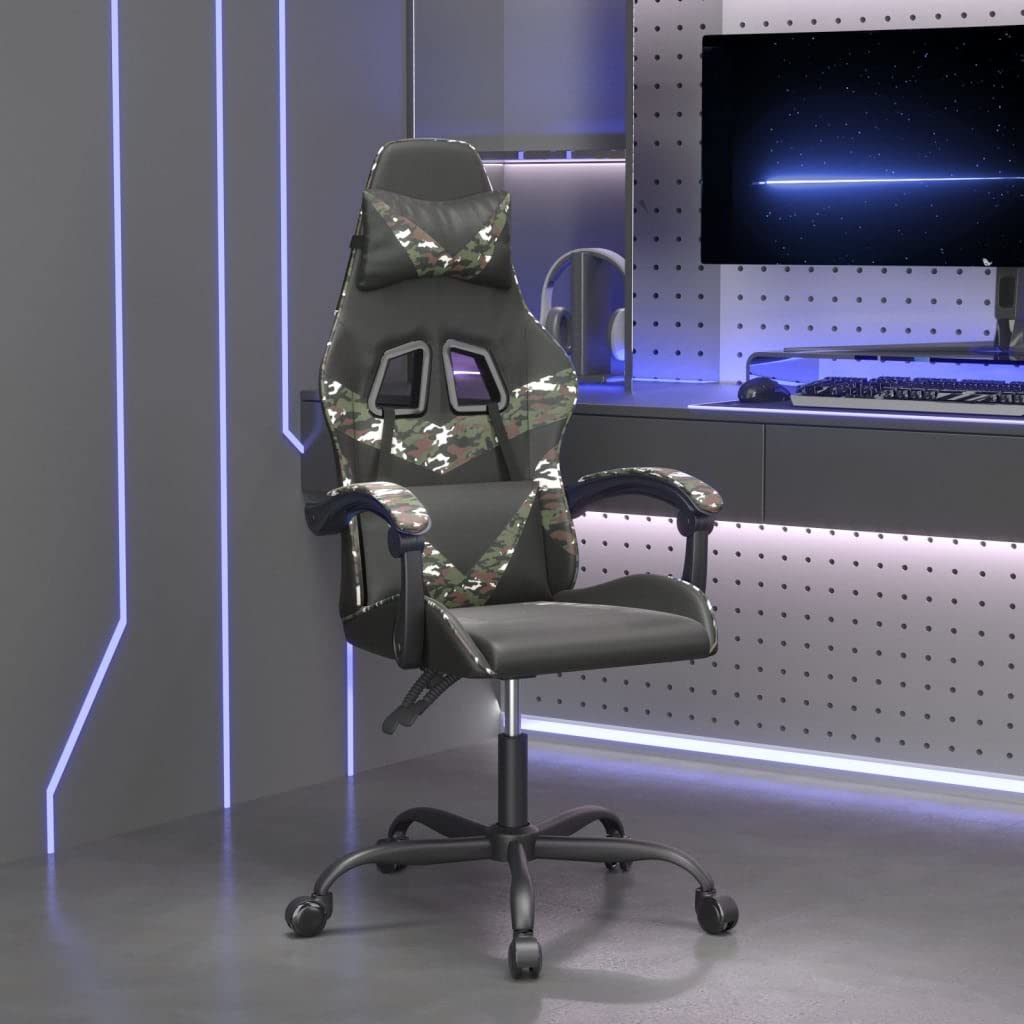 Krzesło gamingowe, czarne, moro, sztuczna skóra, obrotowe, regulowane, ergonomiczne, dla graczy