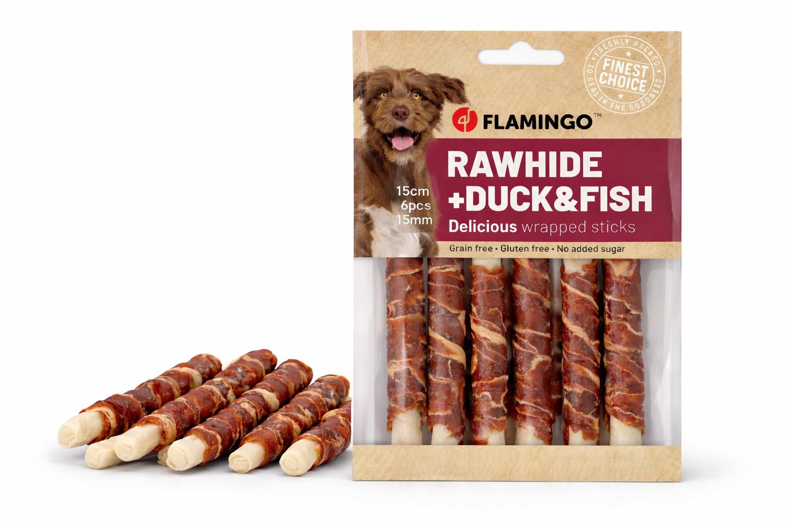 snack per cani - bastoncini per cani - R'Hide con anatra e merluzzo - 15 cm - 6 pezzi - 180 g - senza glutine - senza cereali - senza zuccheri aggiunti