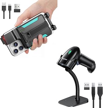 Bluetooth Barcode Scanner Wireless, 2D 1D Scanners Portable Back Clip, Barcode Scanner with Stand, Inventory USB Wired Bar Code Reader Compatible with UPC PDF417 Data Matrix for Warehouse Library etc