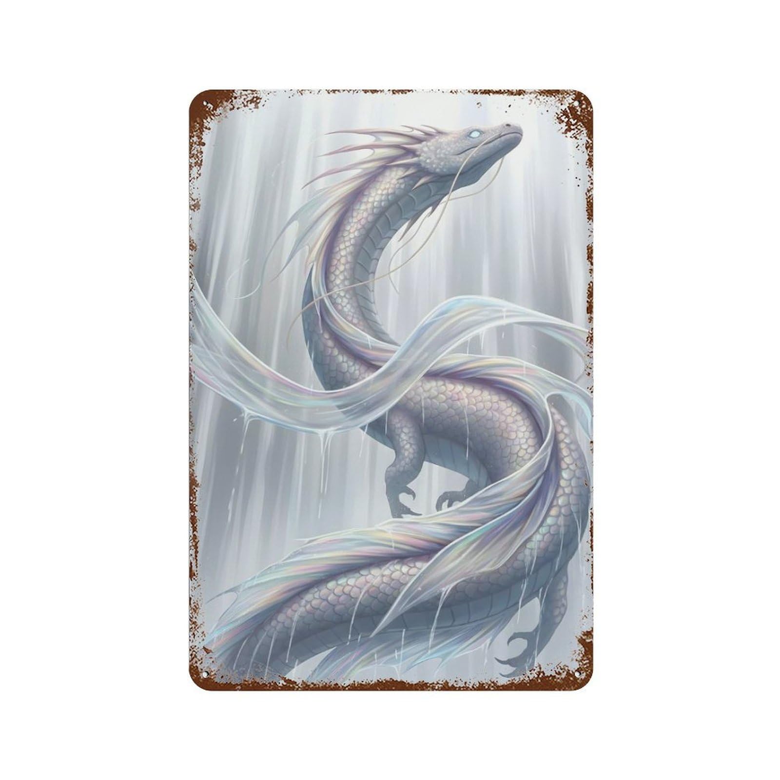 Aged Metal Wall Plaque with White Dragon Waterfall Fantasy Art Design 11.8"x7.9", for Shed, Workshop And Garage Wall Decor, Decorative Metal Wall Art