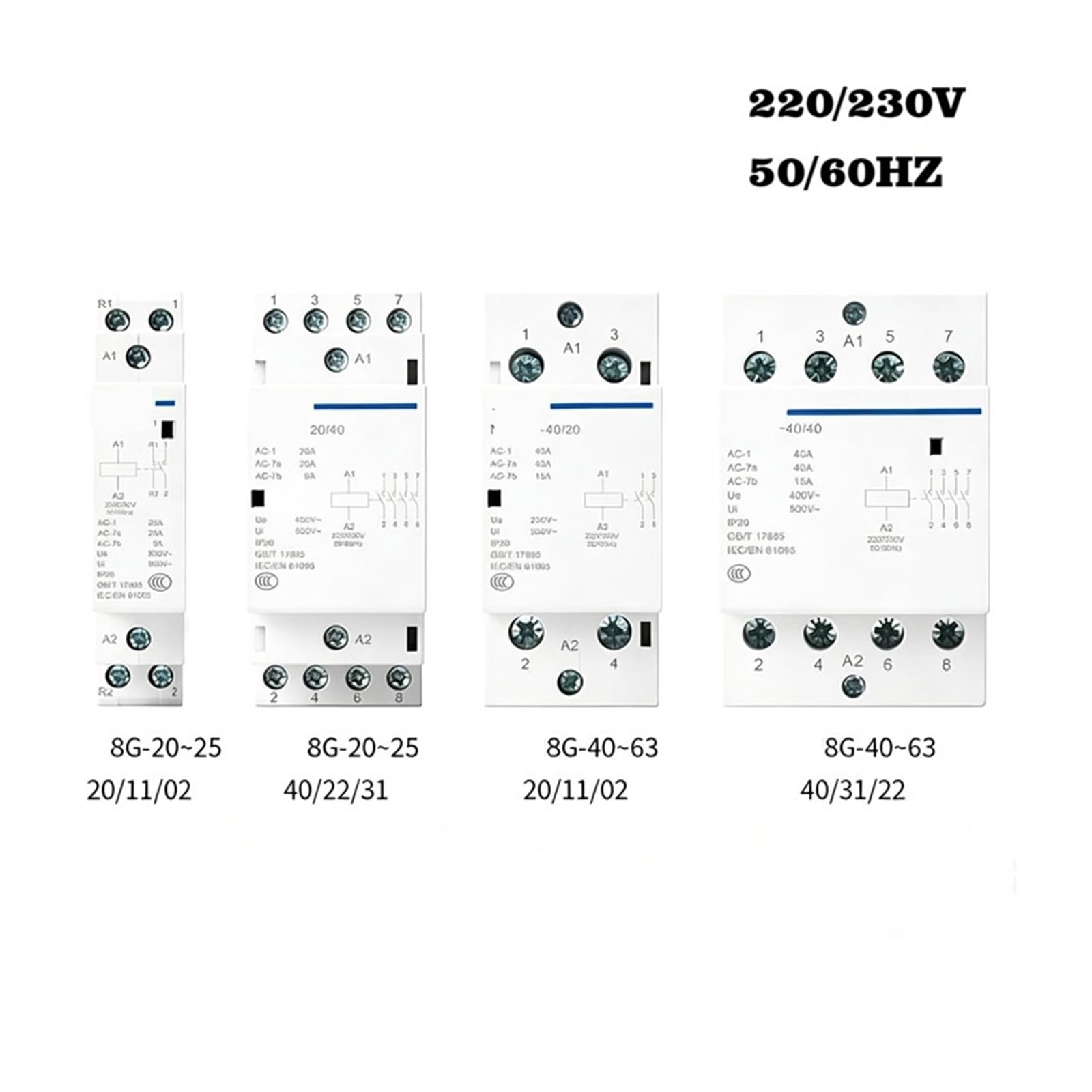 Contattore CA, compatibile con CHINT, | 220v 230V 50HZ 60HZ NCH8G 1P 20A 25A 40A 2P 4P Tipo su guida 2NO 2NC 1NO 1NC 4NO 4NC(NCH8G-25A,2NO 2NC)