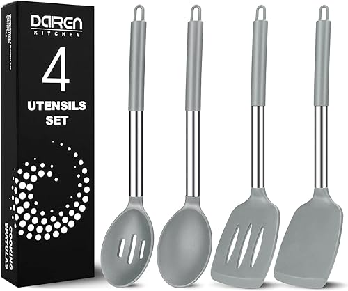 Miniatura 9 de Paquete de 4 espátulas y cucharas grandes de silicona, juego de utensilios de cocina de acero inoxidable ranurados y sólidos, antiadherentes