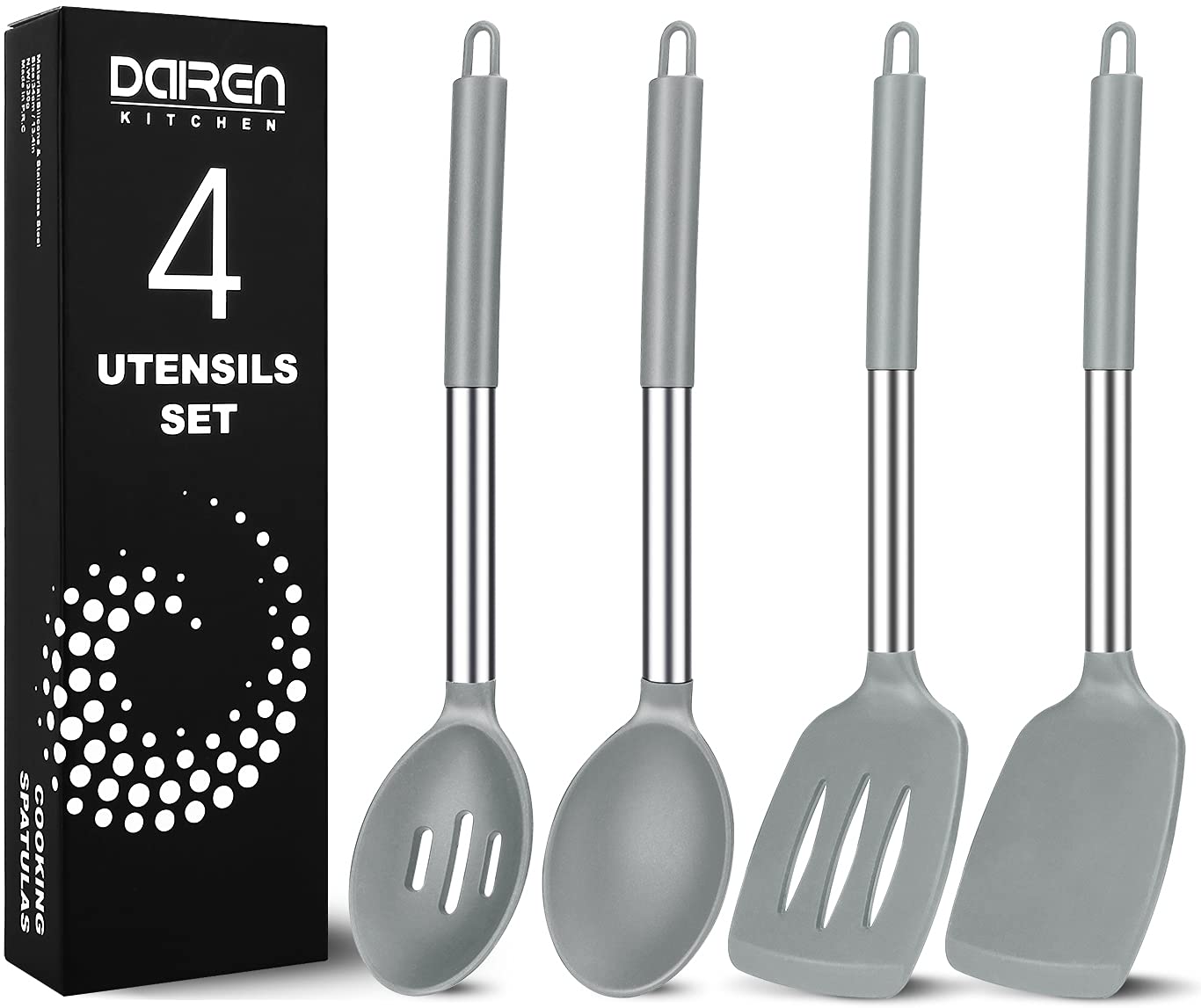 Pack of 4 Large Silicone Cooking Spatulas and Spoons, Slotted and Solid Stainless Steel Cooking Utensils Set, Non-Stick Heat Resistant Kitchen for Baking, Fried, Stir-Fry, Mixing, Serving (Grey)