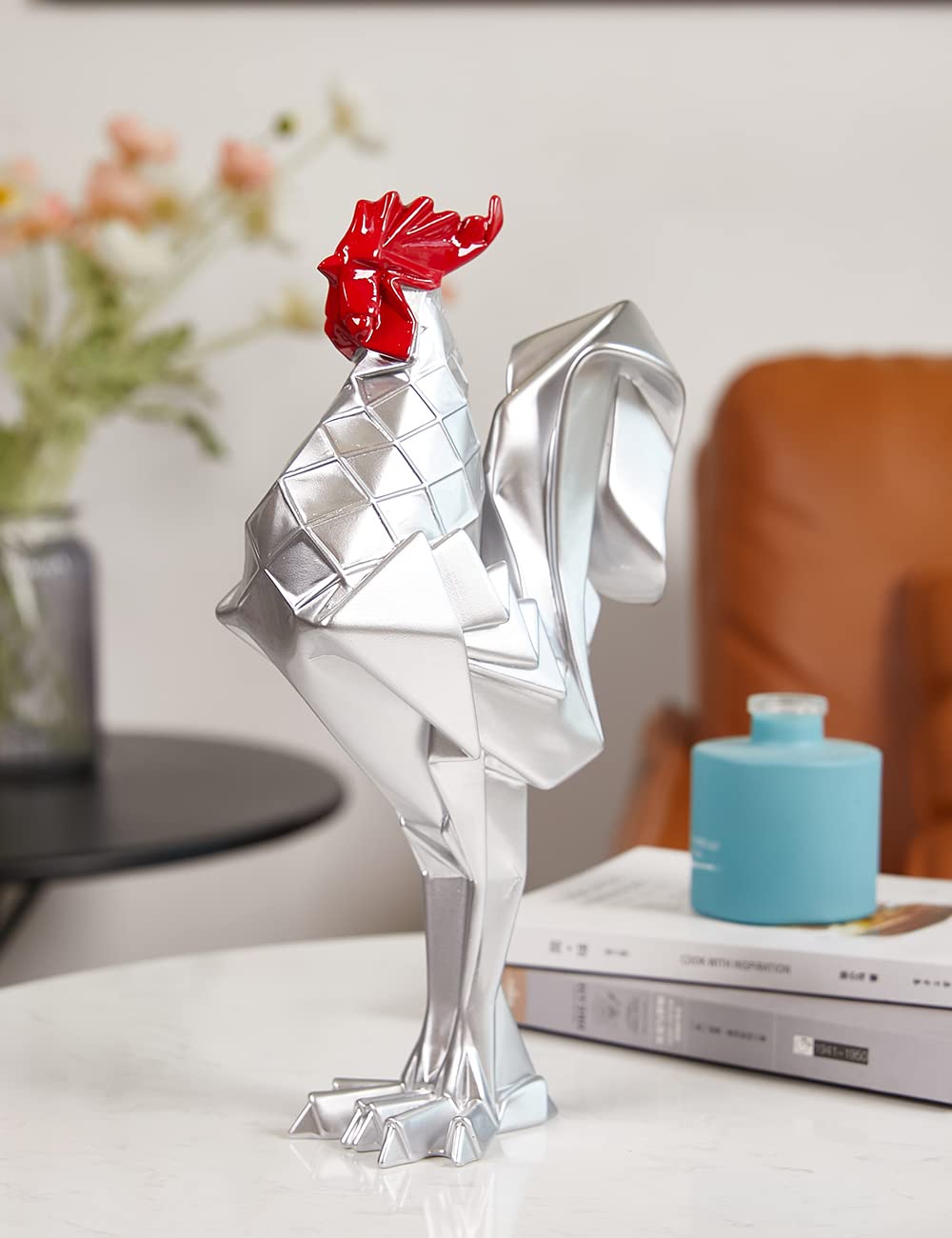 Gallo Statua Scultura Animale Figurina Statuetta Casa Decorazione Regali Moderna Soprammobili Ornamento Ceramica Arte Argento 31cm