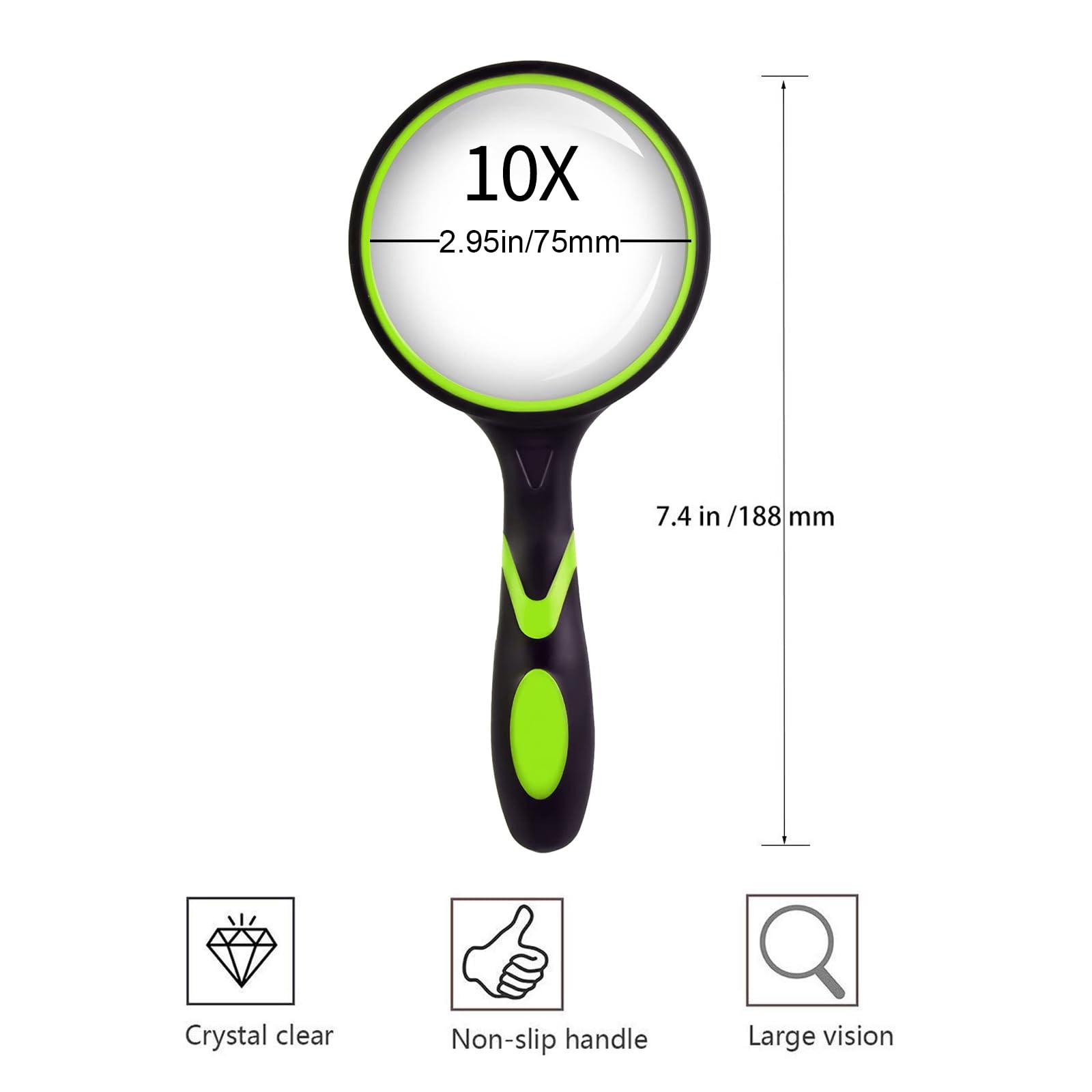DOETYD Magnifying Glass 10X Green Handheld 75mm Magnifier with Non-Slip Handle Magnifying Len for Seniors Reading or Hobbies - Image 2