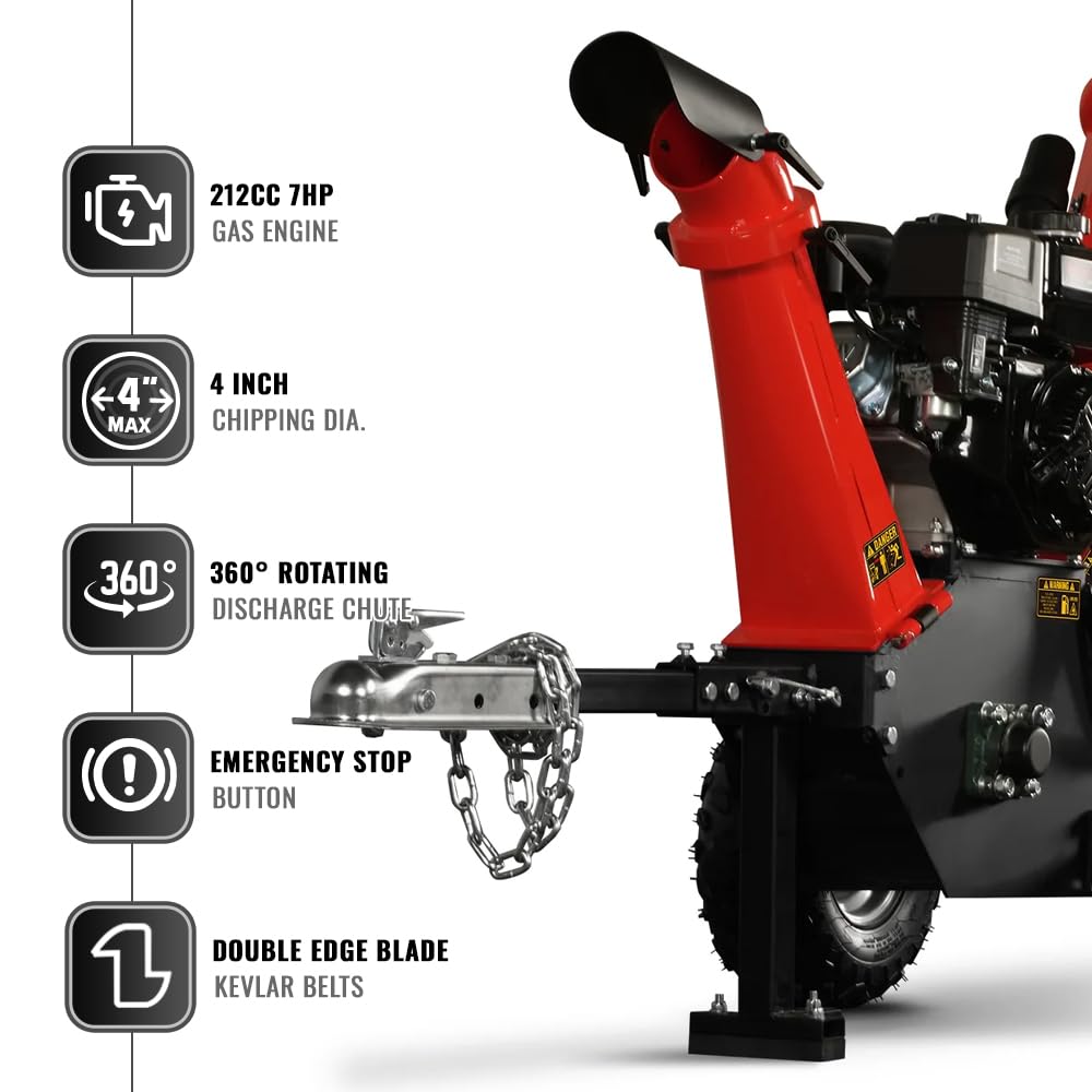 MechMaxx 4 inch DUCAR 212cc 7HP Gasoline Engine Powered Wood Chipper Shredder with Tow Bar, 4