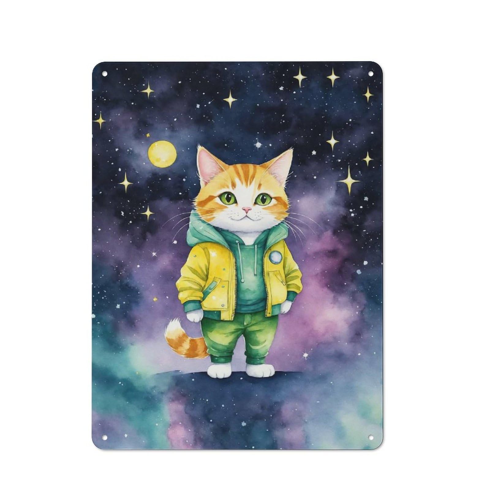 Junmoney Watercolor Cat In Space For Lounge Or Reading Corner, Vintage Metal Sign 40X30cm, For Collectors Decorating Lounges And Reading Corners
