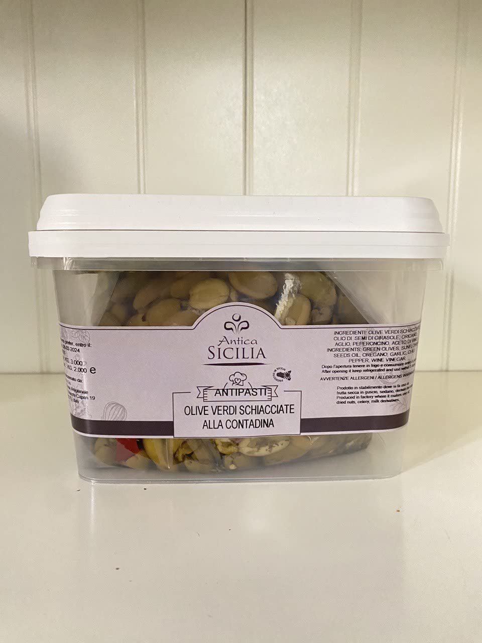 Olive verdi 3 kg. siciliane Artigianali (Schiacciate) Olio Extra Vergine di Oliva, Aglio, Origano e Peperoncino – Antipasto Siciliano Artigianale per Pane, Pizza, Insalate e Buffet