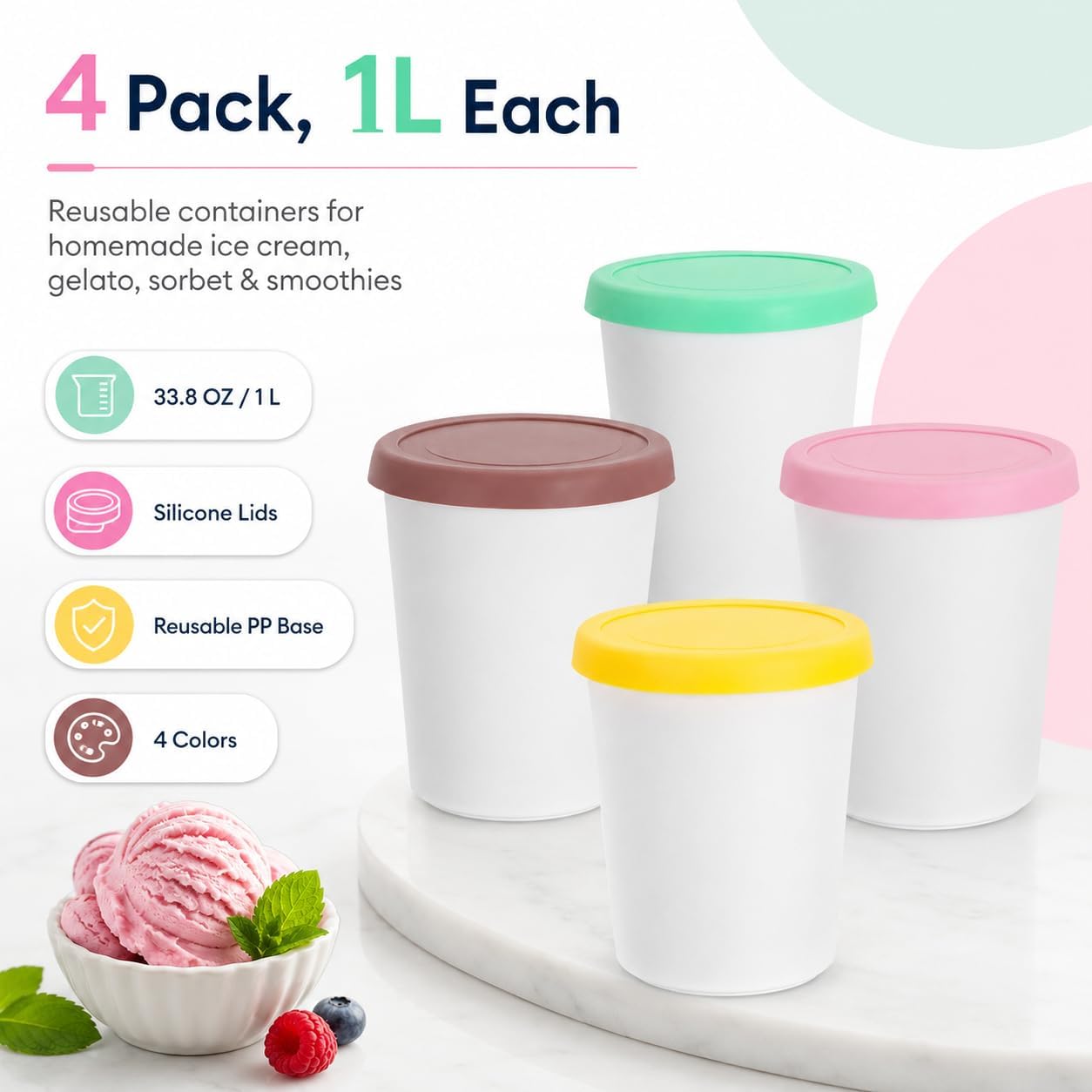IMIKEYA Ice Cream Containers with Lids 4 pack Reusable Freezer Safe Storage Tubs for Homemade Gelato Sorbet Dessert Stackable Food Containers for Kitchen Organization Assorted Colors image 2