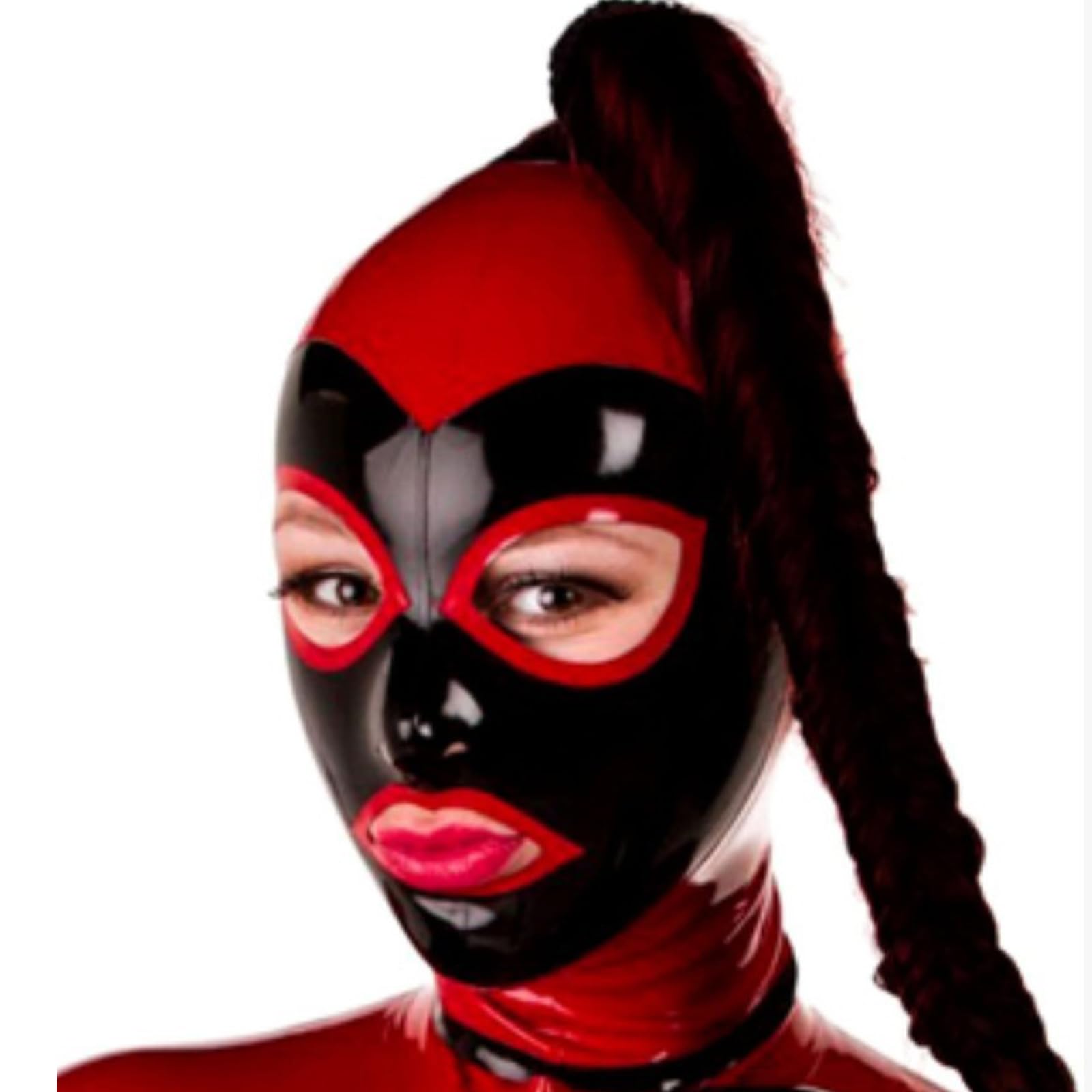 DSPENGS Latex Hood with Ponytail BDSM Full Face Mask Zipper Open Eyes Mouth Novelty Rubber Masquerade Club Unisex(Size:S-63CM)