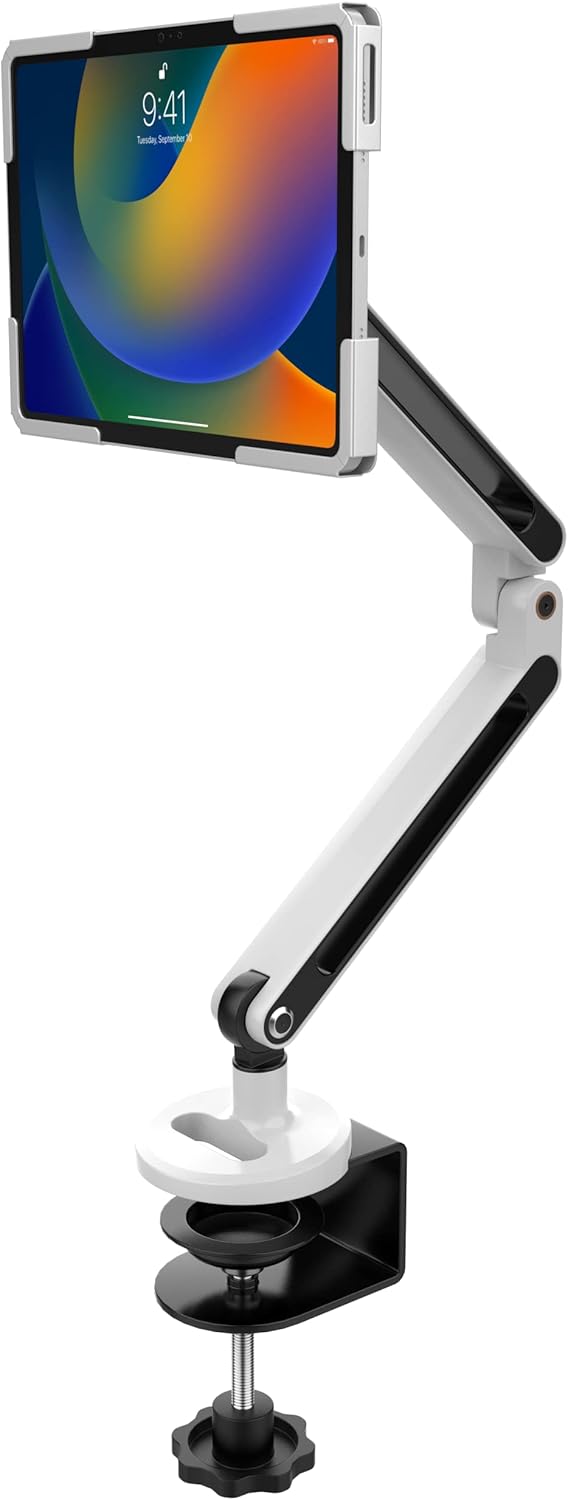 Desk Mount Enclosure – CTA Articulating Desk Mount Arm w/Universal Enclosure for iPad 10.9” 10th Generation - iPad 10.2" - 7/8/9 Gen - 11" iPad Pro 2018/2020 - iPad Air 3/4/5 Gen - White (PAD-ADMAEU) Universal Enclosure Universal
