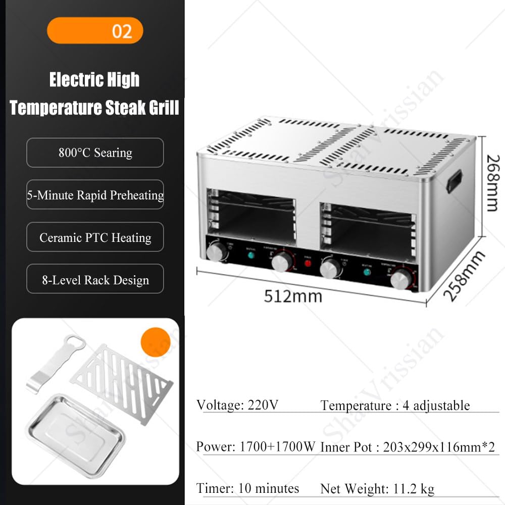 Asador Comercial con Precalentamiento Rápido 1700/3400 W 02 | 800℃,Acero Inoxidable,Calor Uniforme,Temporizador Ajustable,Para Restaurantes,Puestos De Comida,Pizza,Carne,Pescado