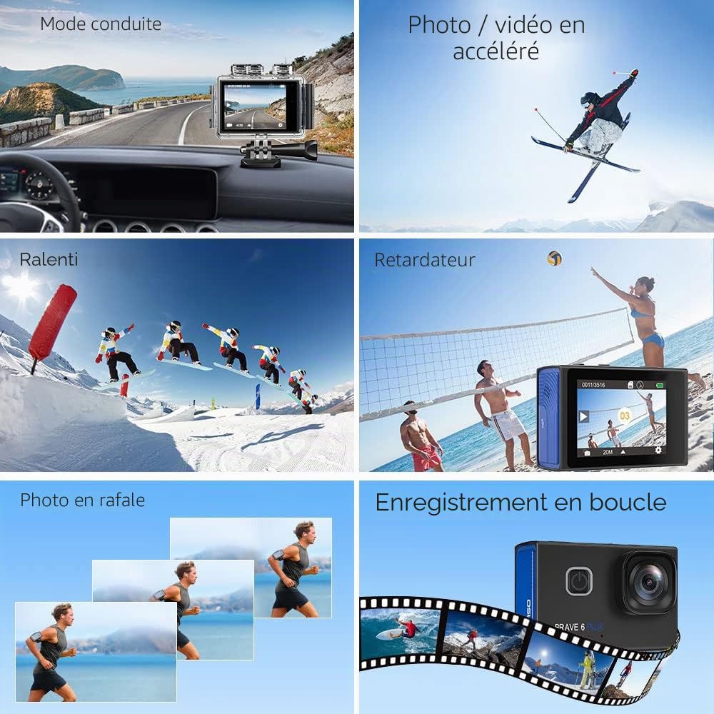 AKASO Brave 6 Plus Caméra Sport 4K 30fps 20MP WiFi Etanche Grand Angle Zoom 4X 2 Batteries 1350mAh Kit Accessoires
