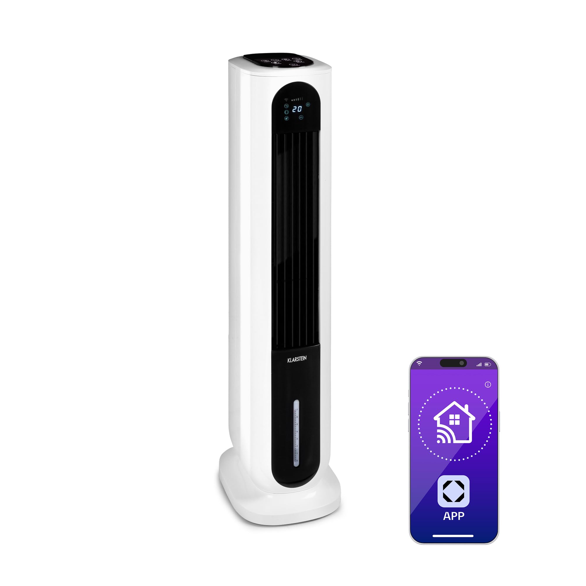 Klarstein Polar Tower Smart Raffrescatore Evaporativo 4-in-1 – Ventilatore, Umidificatore & Purificatore, Controllo App & Alexa, Serbatoio 7L, 3.306 m³/h, Timer, Modalità Notte, Portatile, Bianco