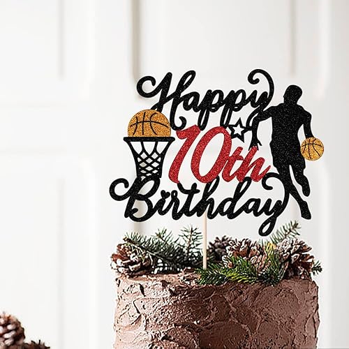 Miniatura 8 de Decoración de pastel de baloncesto de feliz cumpleaños número 10, decoración de pastel de cumpleaños de jugador de baloncesto de 10 años, decoración