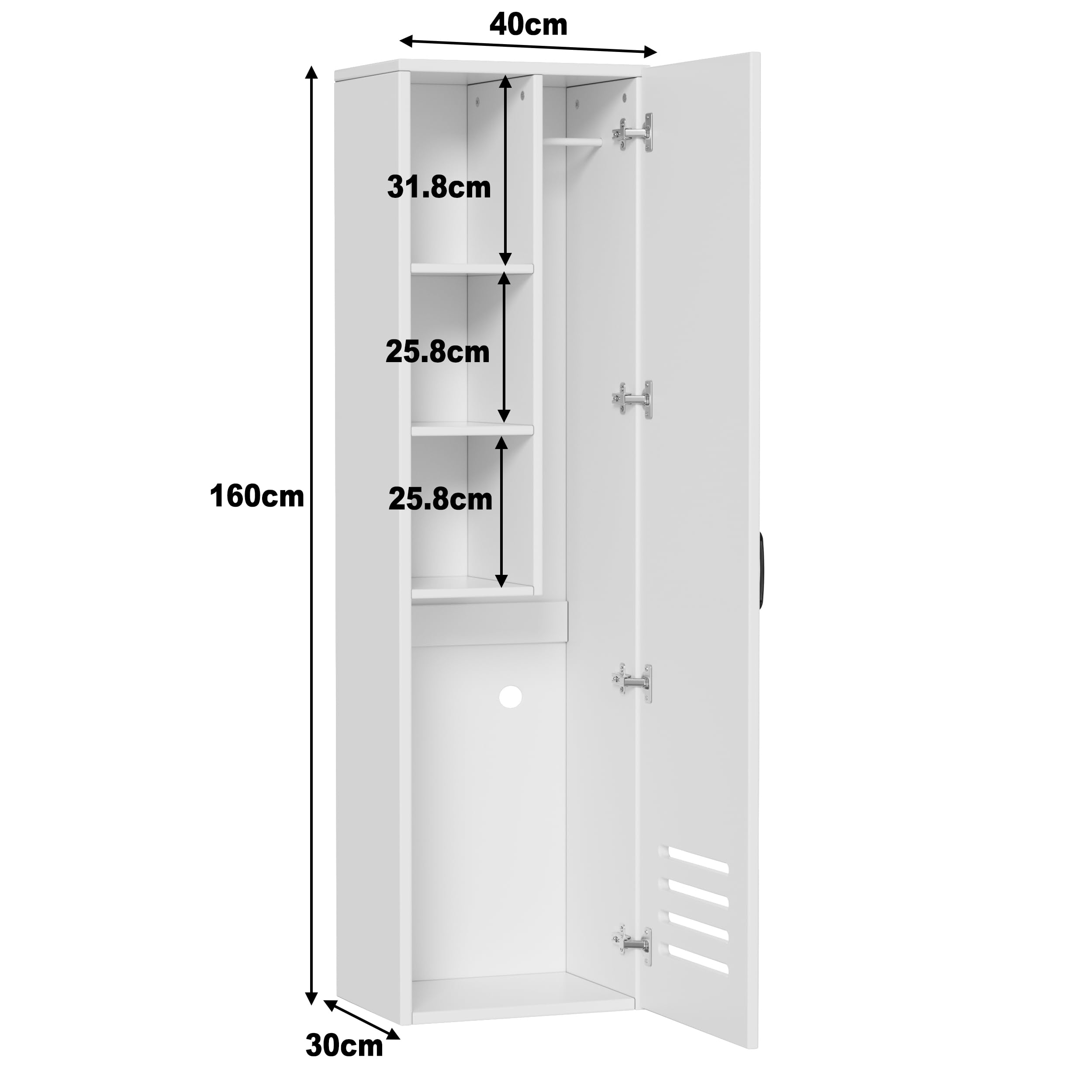 Armadietto per Scopa e Paletta,Armadio Multiuso per Scope, Pratico Armadio per Aspirapolvere con Ripiani e Asta, Ventilazione,Armadietto per la Pulizia in Legno,Mobile Porta Scope,160*40*30cm,Bianco