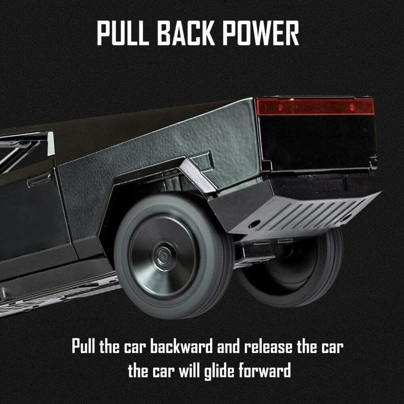 Image of Kids Model 1:24 Cyber Truck Die Cast Metal Car Pull Back Action Opening Doors with Realistic Engine Sound Lights Toy Car Gift for Boys - Black