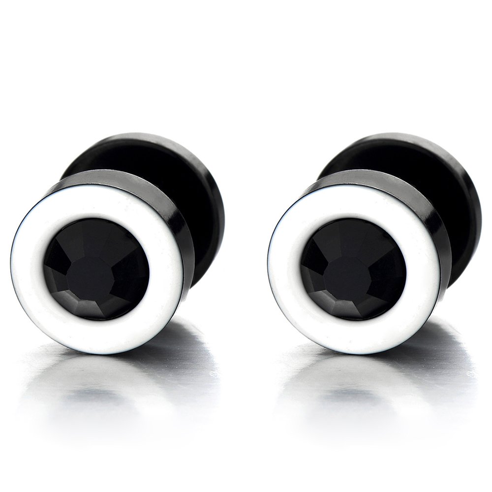 Mens Womens White Black Stud Earrings Steel Illusion Tunnel Plug Screw Back with Cubic Zirconia, Wide:10MM, Stainless Steel, Cubic Zirconia-image-10