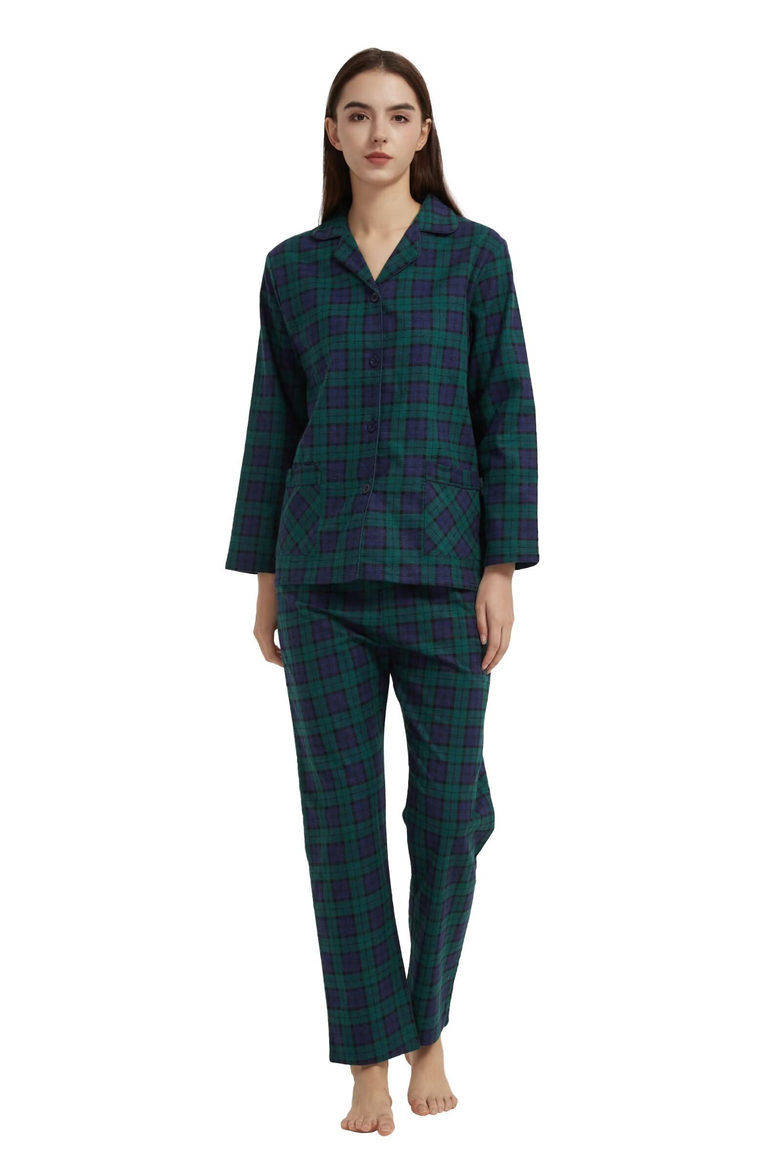 GLOBAL Conjunto de Pijama Algodón para Mujer Conjunto de Pijama Franela Suave Floral de Manga Larga con Botones para Mujer Ropa de Dormir con Cordón Transpirable para Mujer