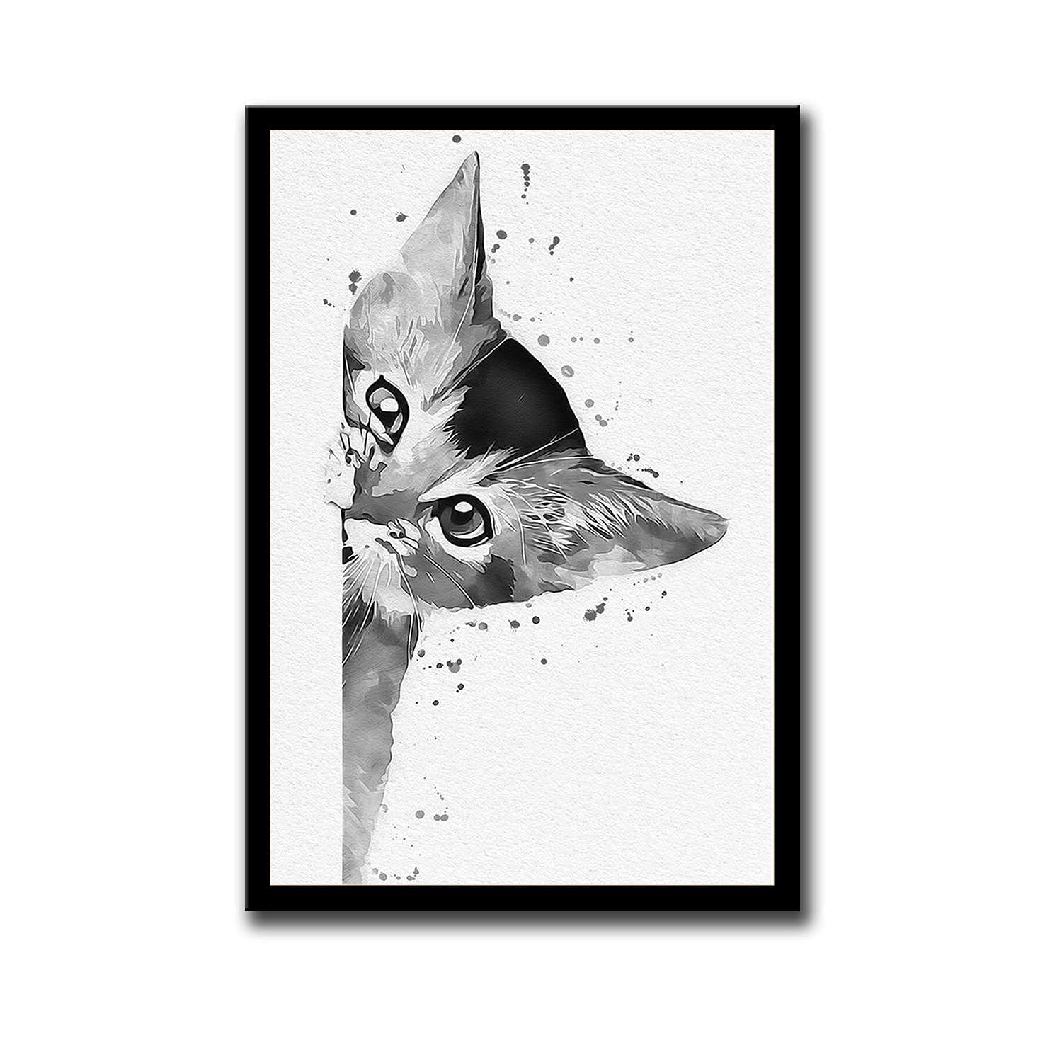 Cat Watercolor Print, Black and White, Cat Nursery Decor, Cat Print, Cat Wall Decor, Baby Cat, Cat Painting, Cat Lover Gift, Animals Print Canvas Prints for Home Decoration With Frame 12x18inch-Black Picture Frame