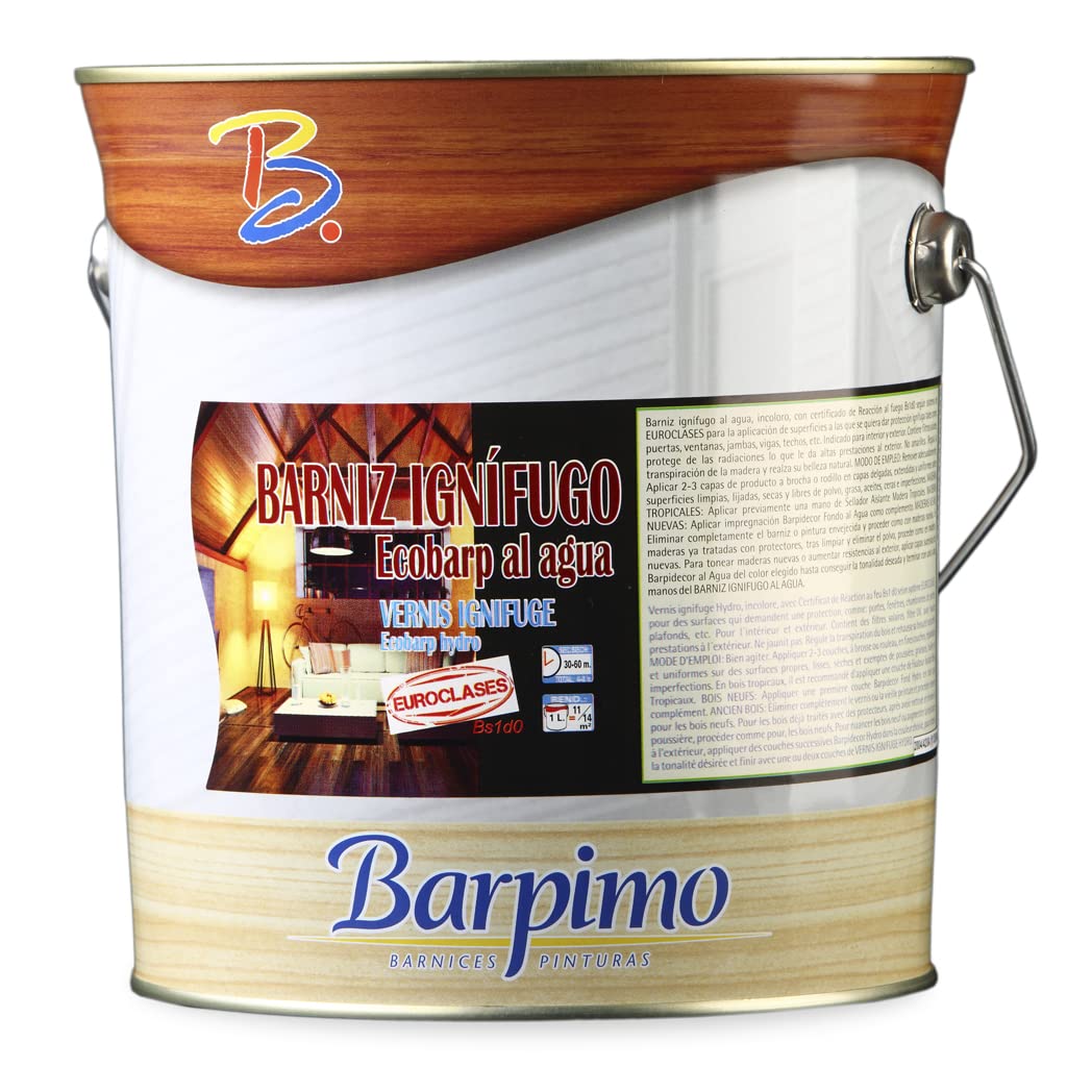 Barpimo - Barniz Ignífugo al Agua Ecobarp - Incoloro - Formato de 4 Litros - Acabado Satinado - Superficies de Madera Interiores y Exteriores - Tratamiento Embellecedor y Protector
