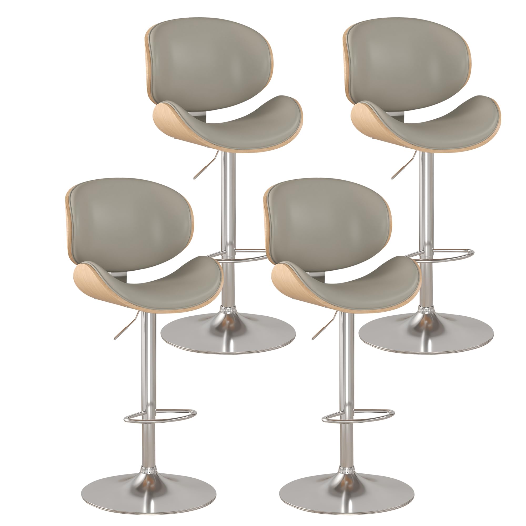 KCC Bar Stools Set of 4, Swivel Adjustable Height Barstools, PU Leather Upholstered Bar Chairs with Footrest, Bentwood Bar Stool for Kitchen, Bar,