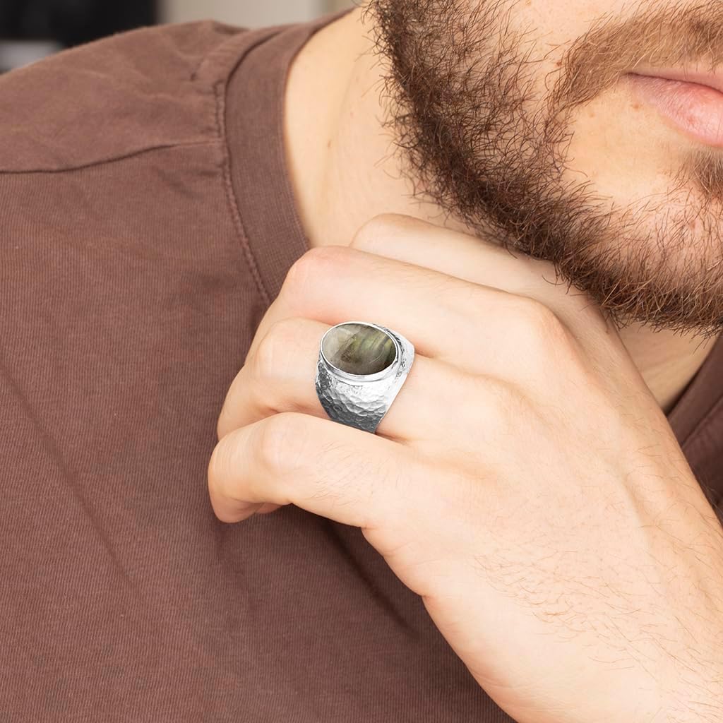 Natural Aventurine Crystal Ring Men's Hammered Anti-Tarnish 925 Sterling Silver Oval Solitaire Gemstone Dainty Statement Healing Crystal Gemini Luck Handmade Turkish Fine Jewelry