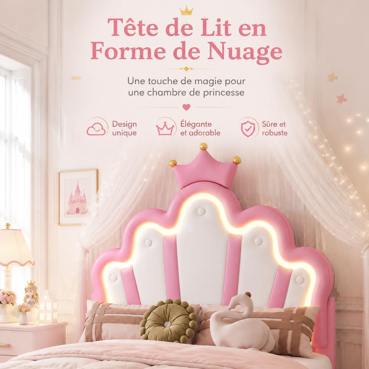 Cama Princesa 90 x 200 con LED, Cama Infantil Acolchada con cabecera Ajustable, PU, sin colchón, Rosa