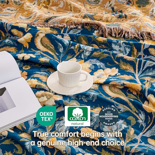 Image of VANJOROY Boho Throw Blanket King, 100% Organic Cotton Breathable Ultra Soft 91 inch x 98 inch Bed Quilt Throw - All Season Floral Rustic Farmhouse Decor Reversible Blanket for Sofa Couch Chair and Gift