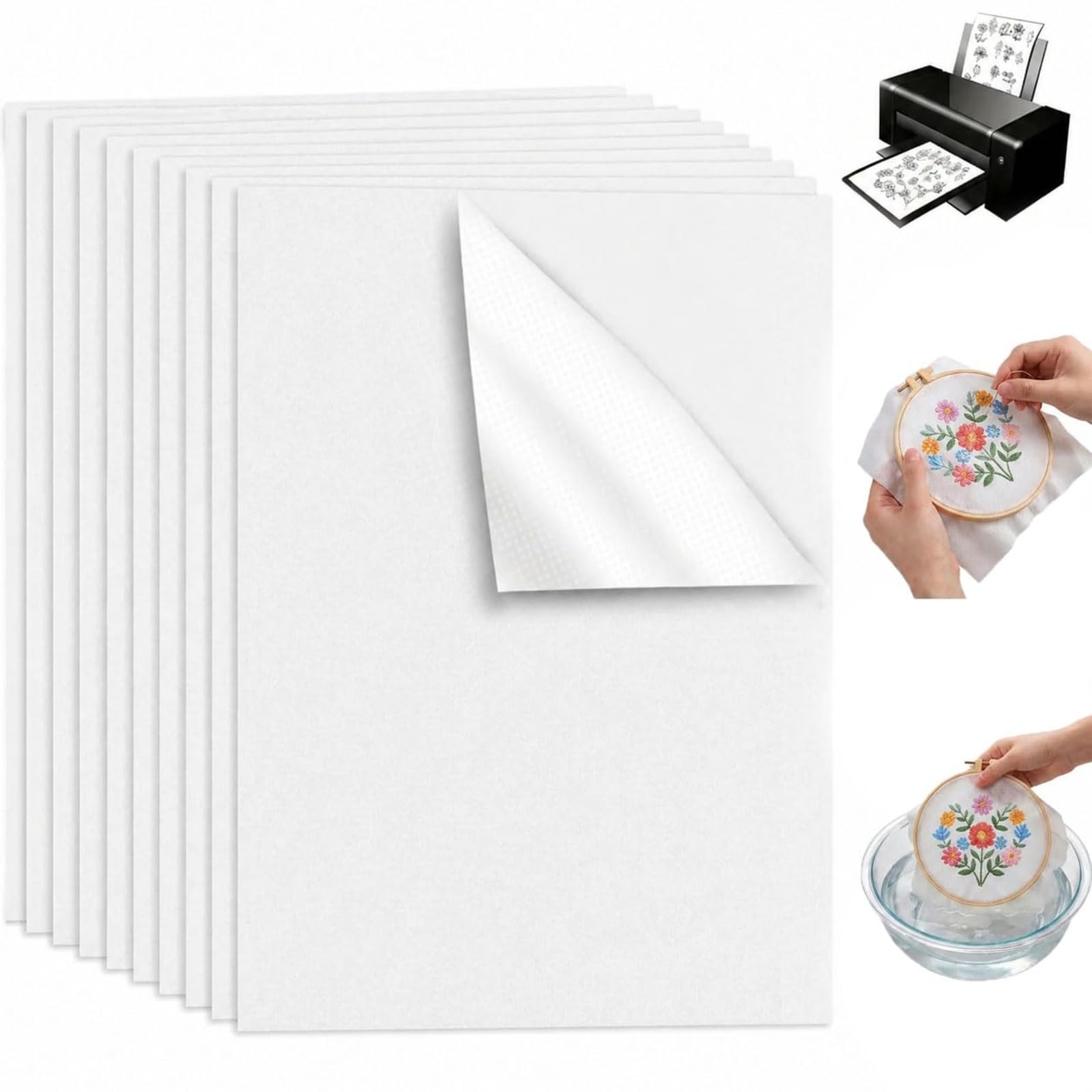 10PCS A4 Water-Soluble Embroidery Paper, Stick & Stitch Patterns, Printable Dissolvable Stabilizer, Transfer Paper for Hand and Machine Embroidery