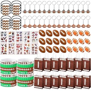 Aoriher 144 Pcs Sport Party Favors, Baseball Basketball Soccer Football Goodie Bag Fillers, Mini Stress Ball Stickers Whistle Keychain Charm Bracelet Wristbands Erasers Party Supplies (Football)