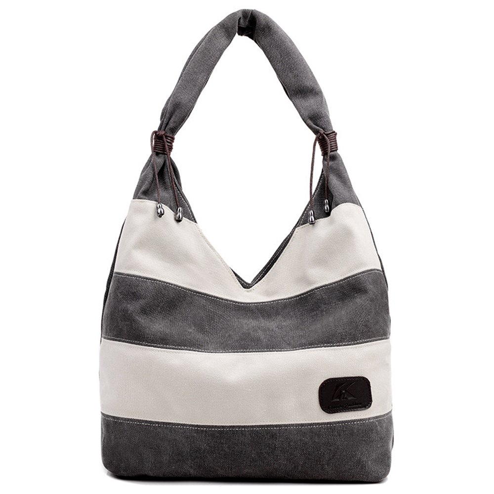 Hiigoo Stripes Stitching Canvas Bags Casual Shoulder Bag Large Shopping Bag Handbags