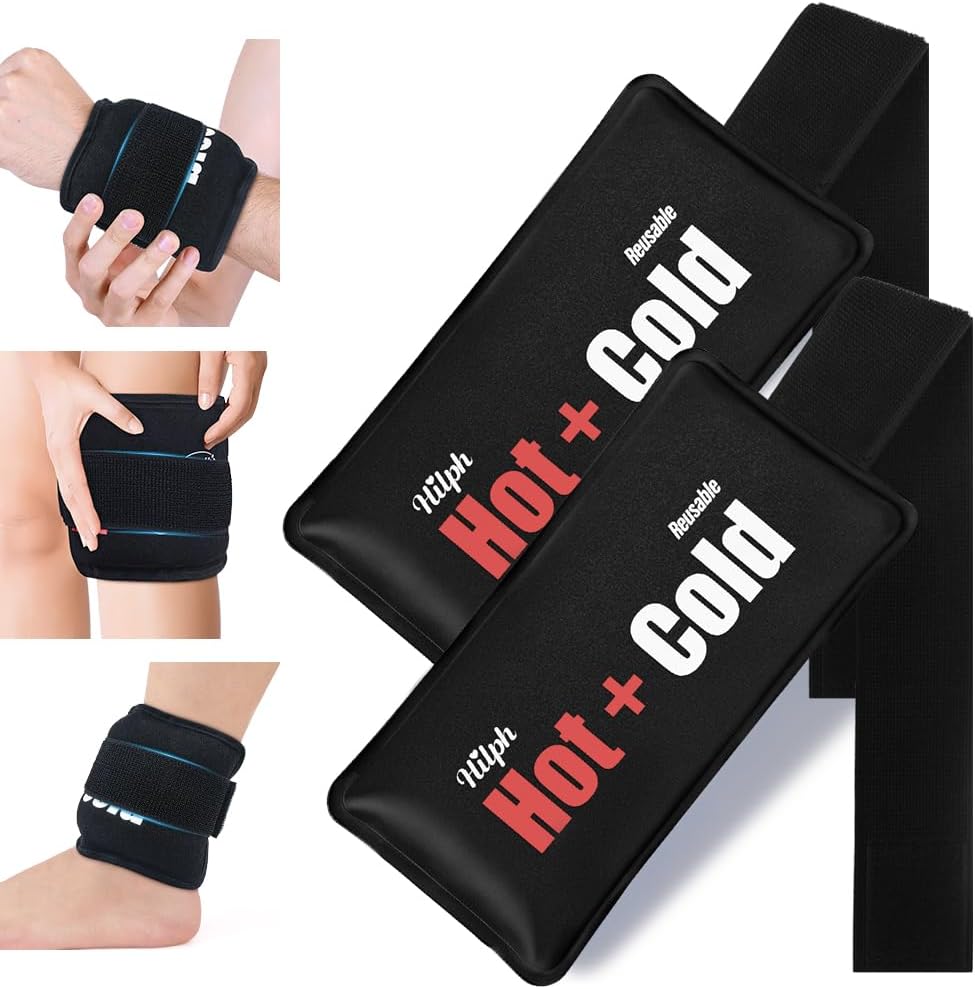 Hilph Large Ice Pack with Strap for Injury Reusable, 2 Packs Hot & Cold Compress Gel Pack for Muscle, Joint Pain & Swelling | Fits Knees, Ankles, Elbows & Wrists - Black