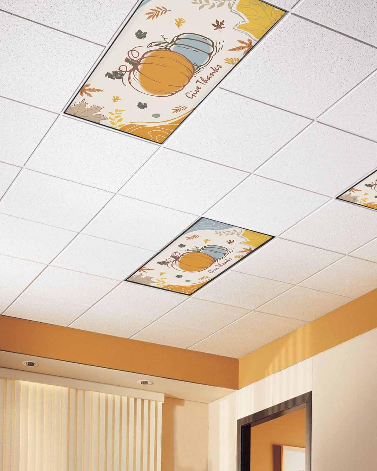 2PCS Thanksgiving Fall Boho Cute Cartoon Pumpkin Fluorescent Light Cover, Ceiling Lampshade Decor with 10 Magnets Fixtures, Print Light Filters Cover Panel for Any Place Supplies