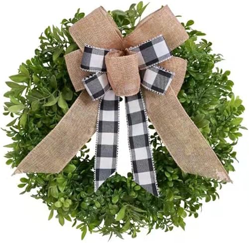 Boxwood Spring Wreath for Front Door,Farmhouse Spring Summer Wreath Decoration,Buffalo Plaid Decor, Artificial Faux Green Spring Outdoor Porch Decor,Wall Decor 18inch