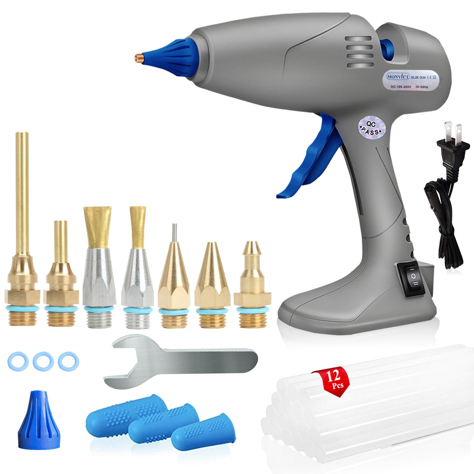 MONVICT Pistola de pegamento caliente de tamaño completo con 7 boquillas de cobre, interruptor de temperatura dual de 120 W, 3 cubiertas de silicona para dedos, cable desmontable con cable, base de