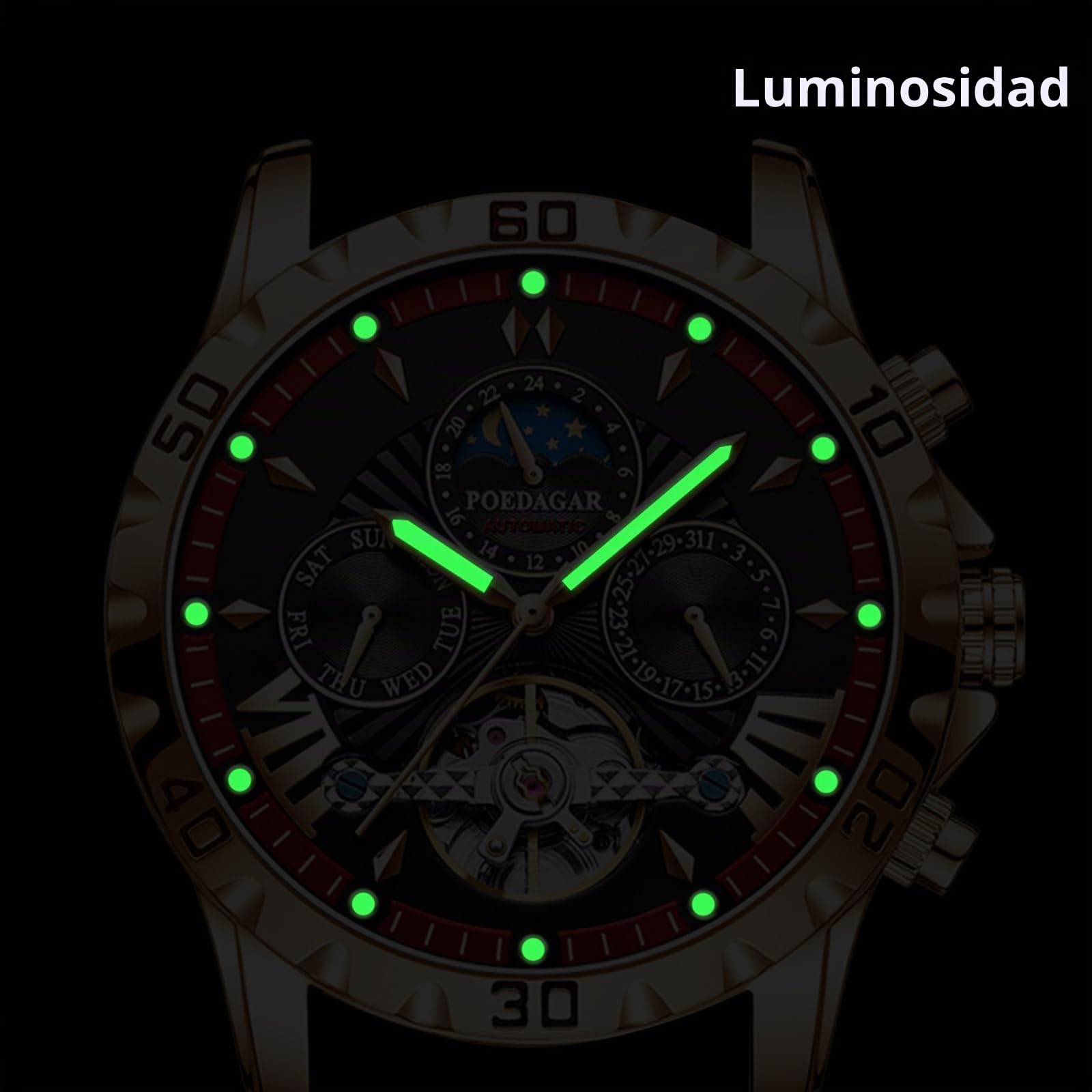 FORSINING Tourbillon Reloj de pulsera automático para hombre, correa de acero inoxidable, fase lunar, analógico, con fecha