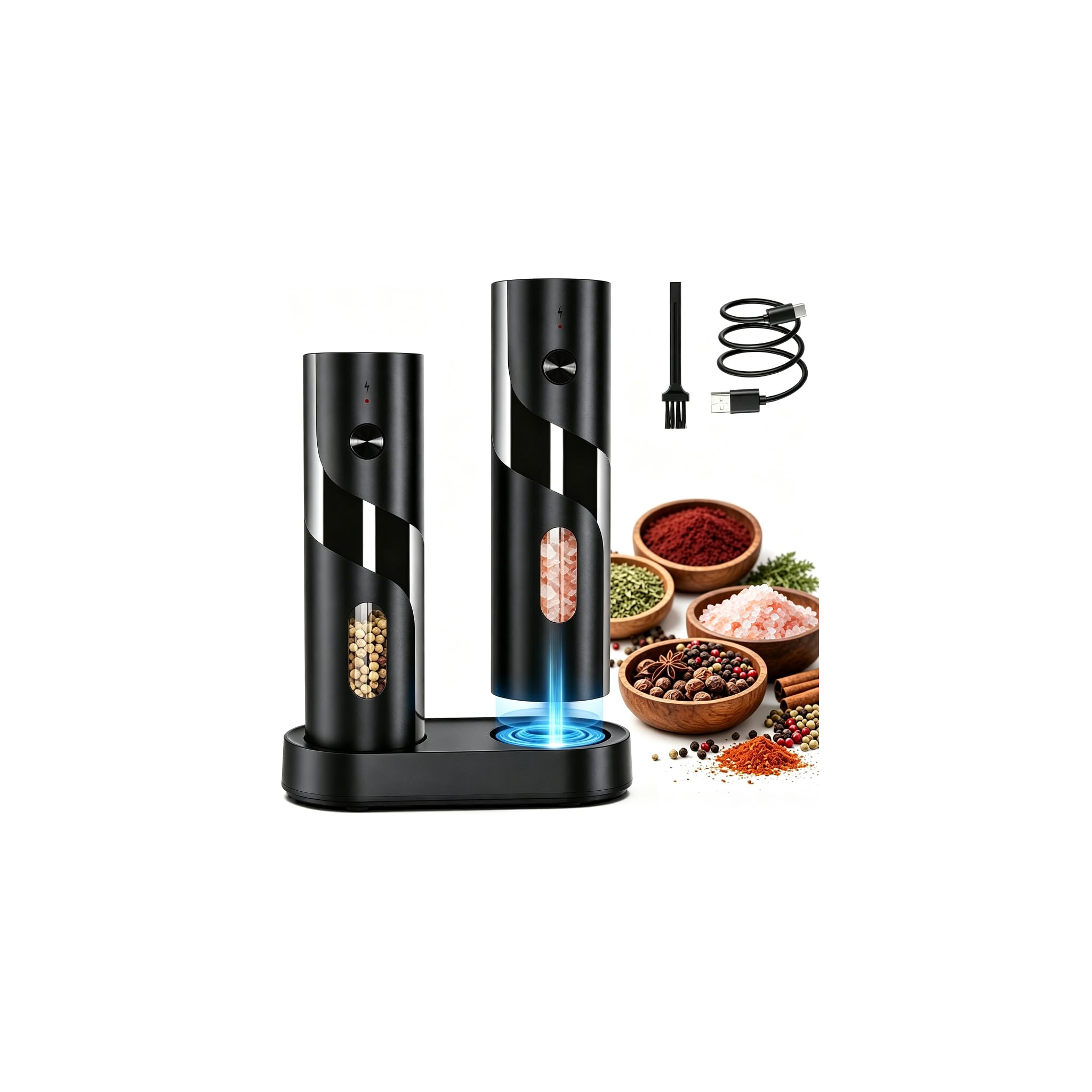 Homtronic Salz und Pfeffermühle Elektrisch 2er Set, 110ml Große Kapazität | Elektrische Pfeffermühle mit USB-C Dual Ladestation, 4 Einstellbarer Mahlgrad/LED Licht/Salz und Pfefferstreuer für Küche BBQ